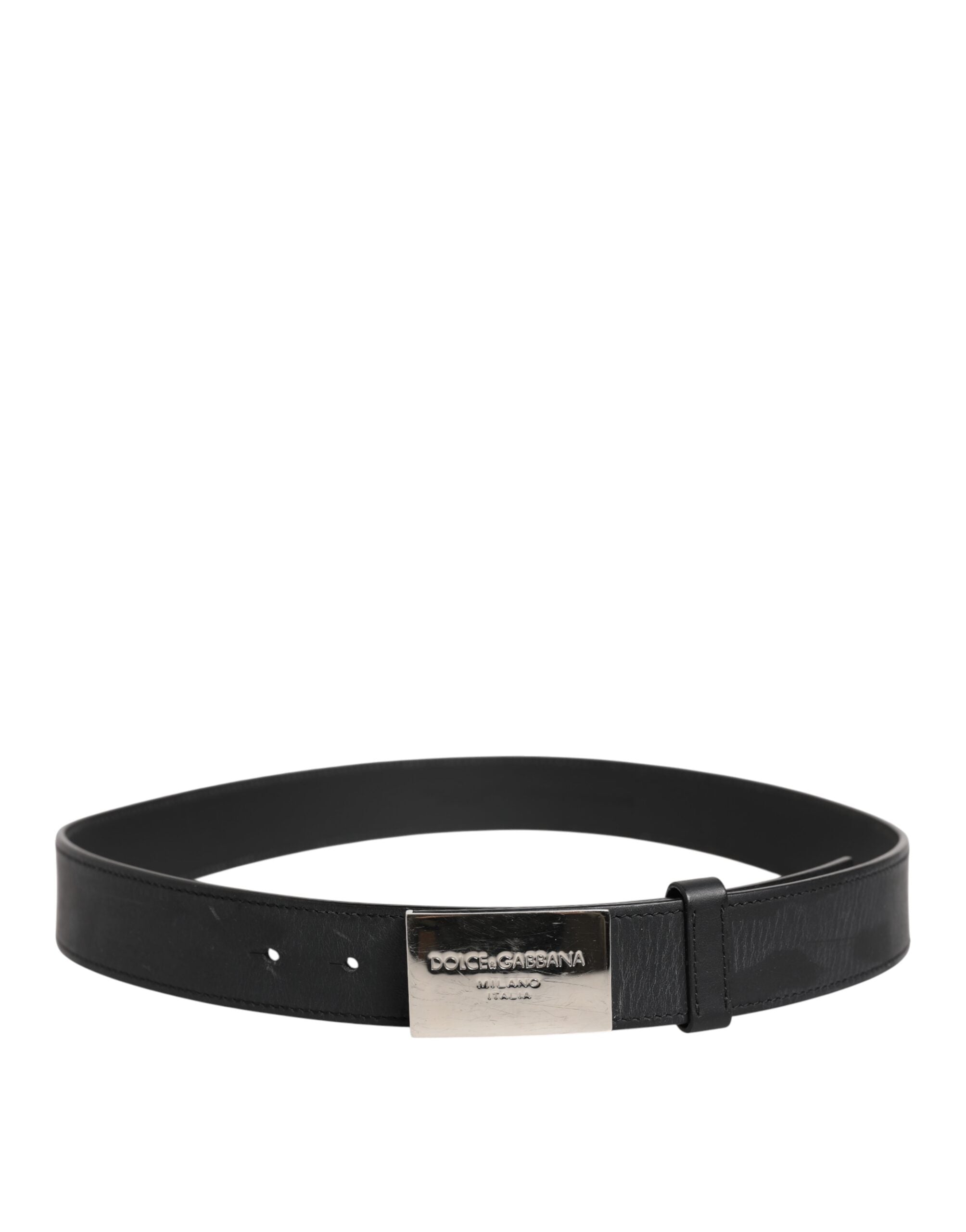 Black Leather Classic Metal Logo Buckle Belt