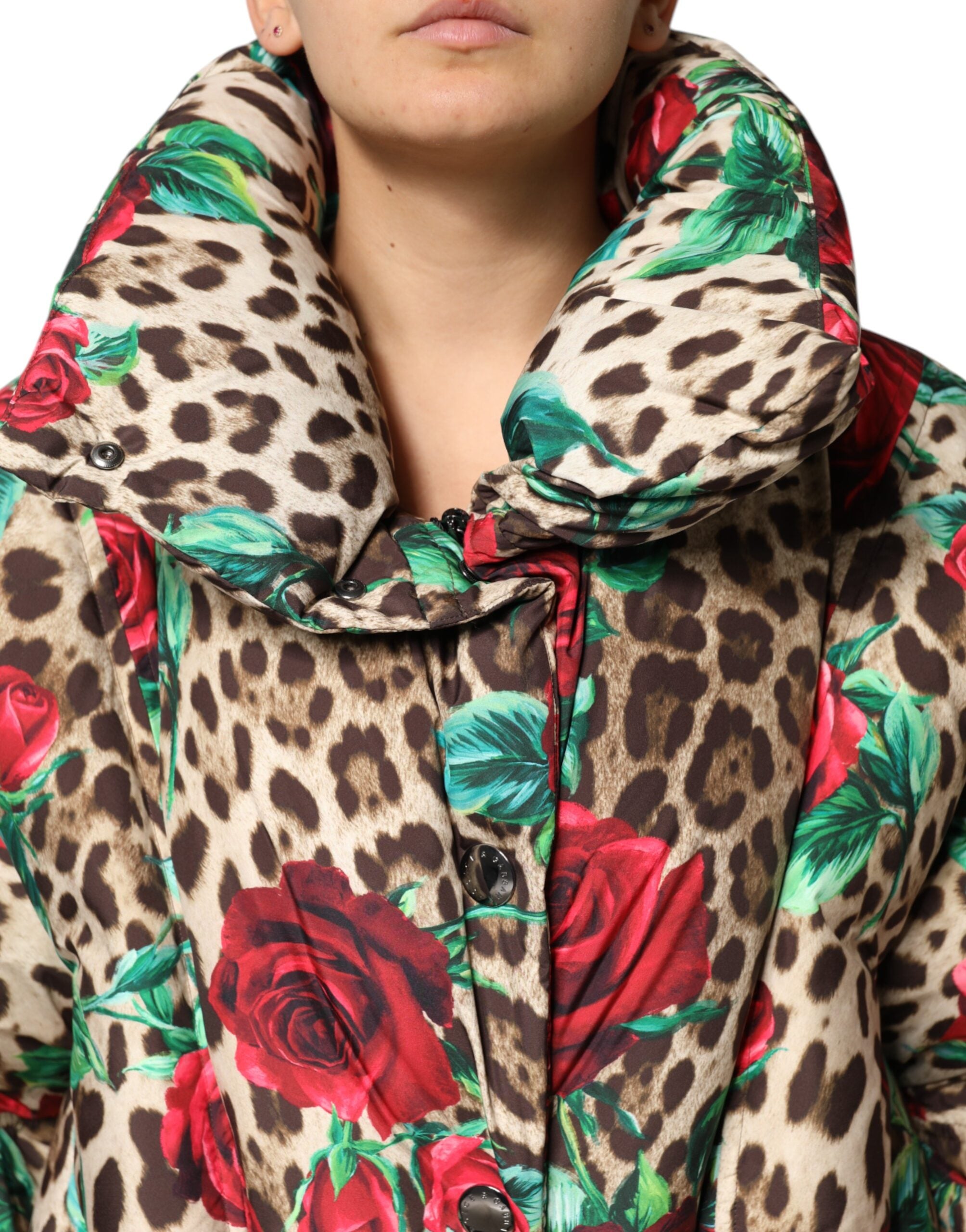 Multicolor Leopard Rose Puffer Quilted Jacket