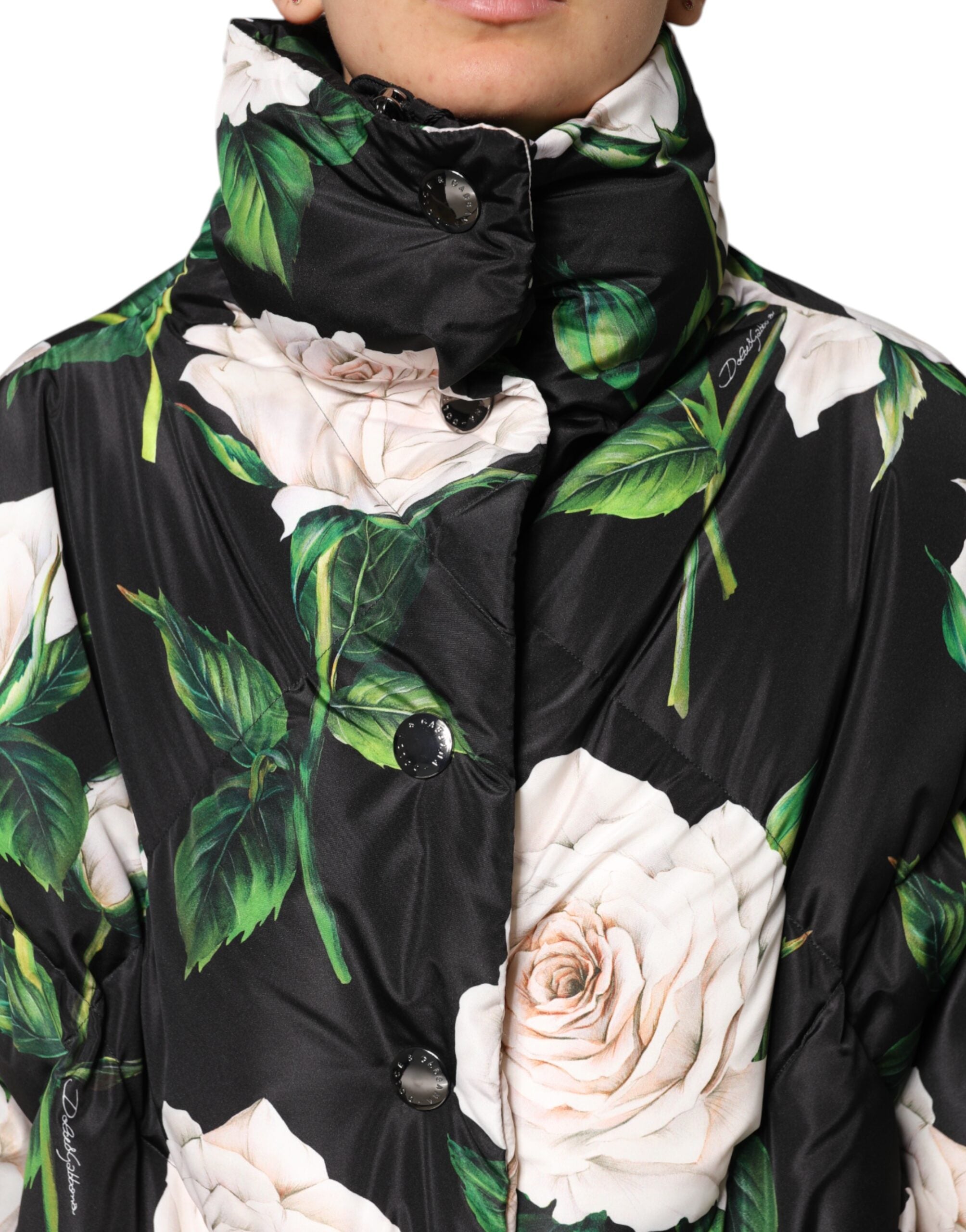 Black Floral Print Puffer Quilted Jacket