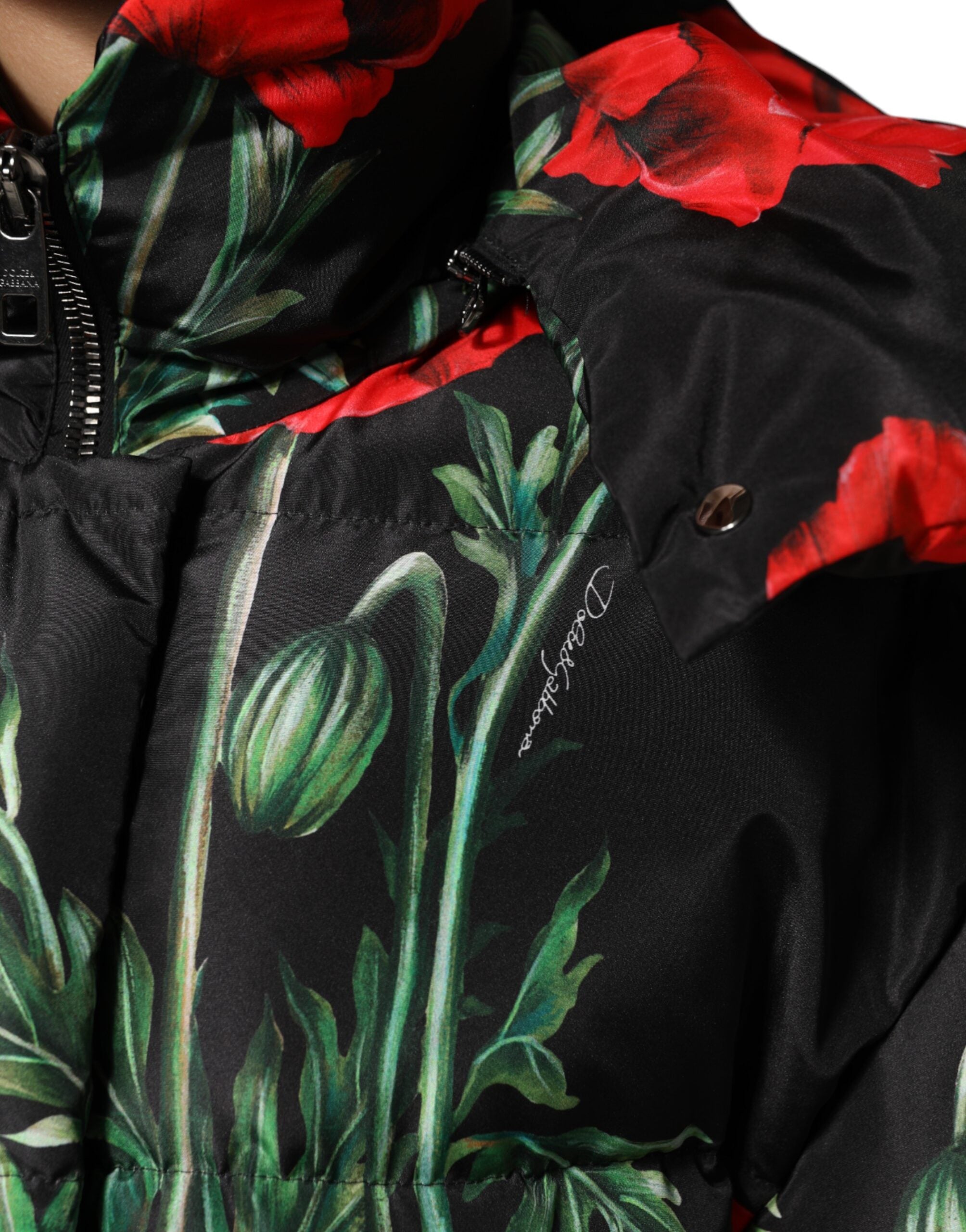 Black Floral Polyester Hooded Quilted Jacket