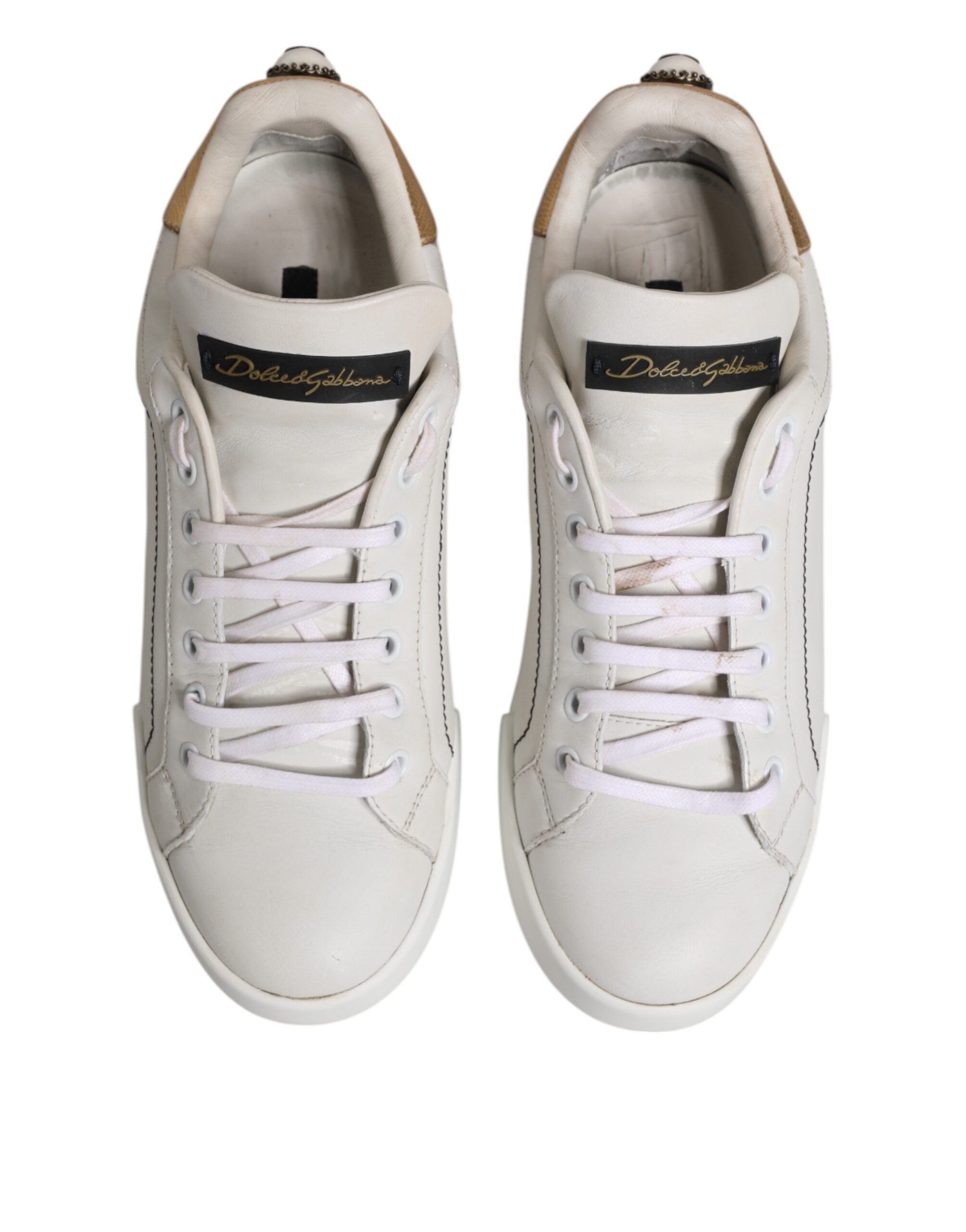 White Gold Leather Low Top Sneakers Shoes