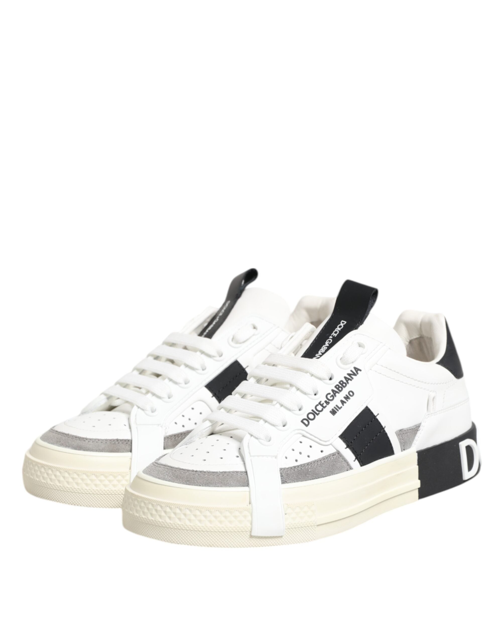 White Black Leather Low Top Sneakers Shoes