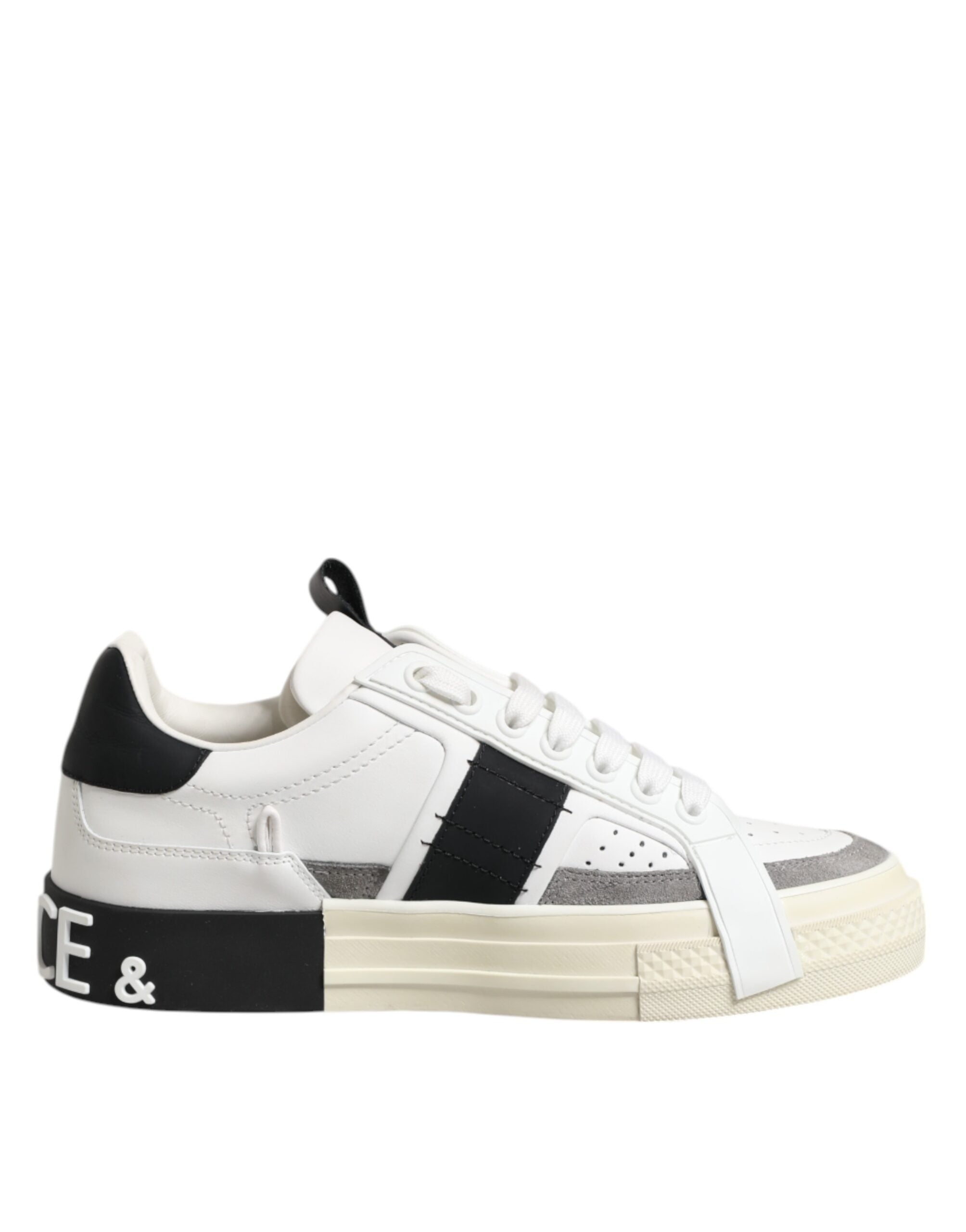 White Black Leather Low Top Sneakers Shoes