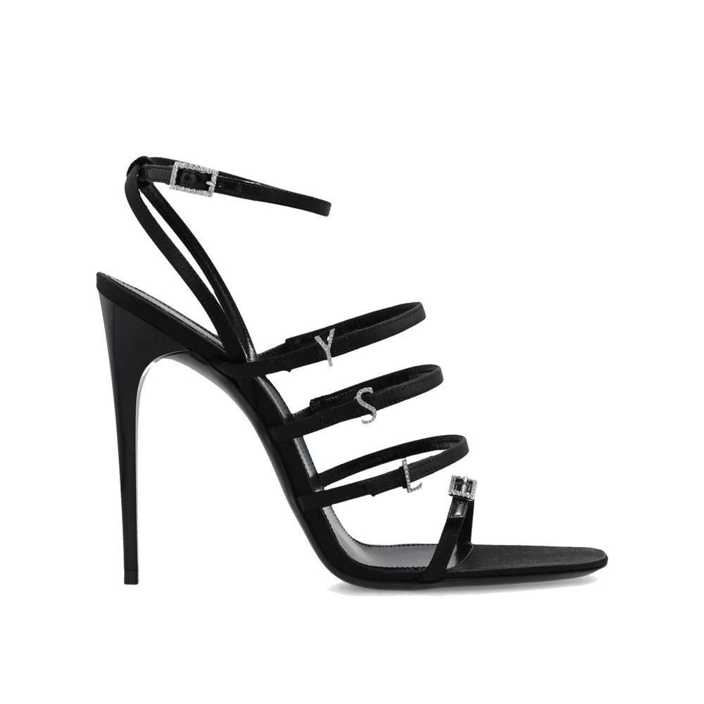 Black Silk Stiletto Heel Sandals