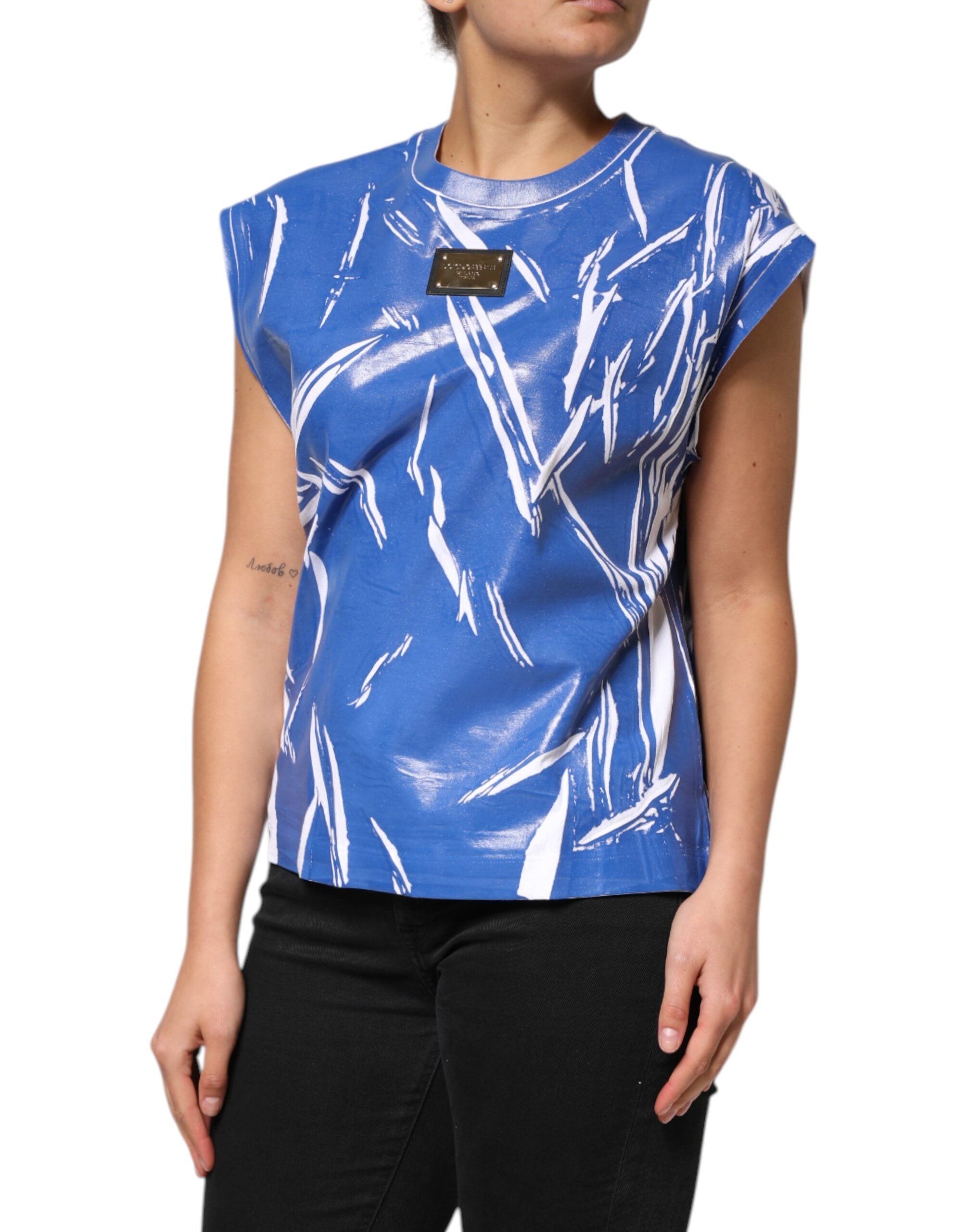 Blue White Cotton Logo Plaque Women Tank Top