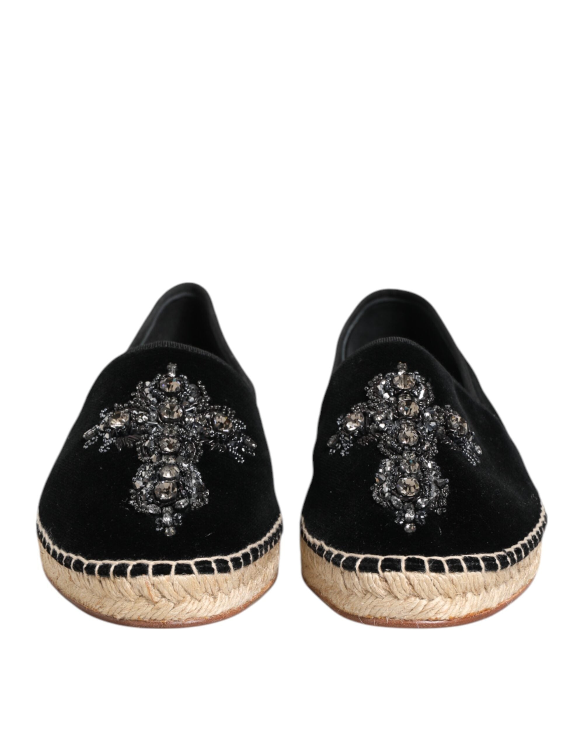 Black Cross Crystal Slip On Espadrille Shoes