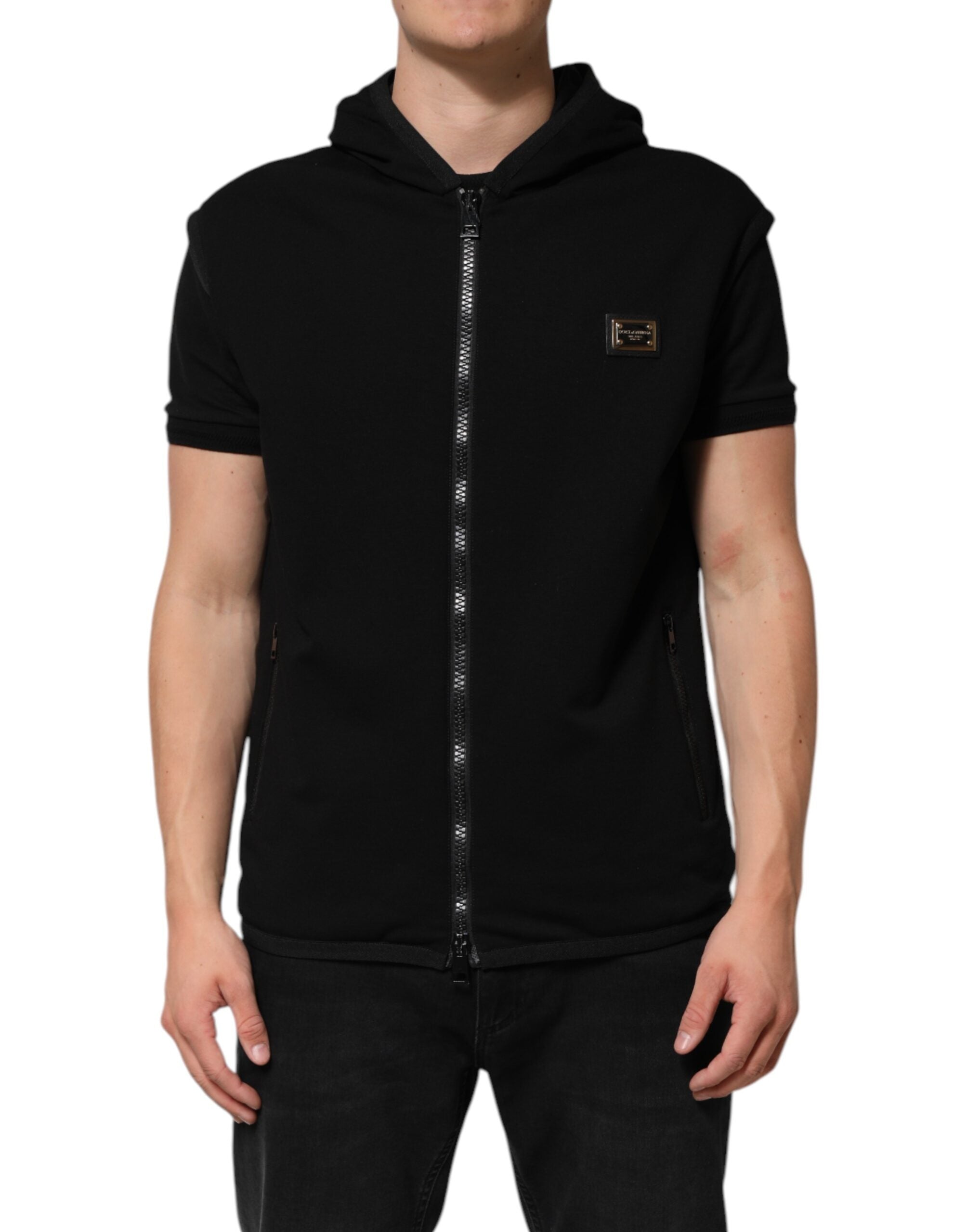 Black Sleeveless Hooded Logo Plaque Jacket