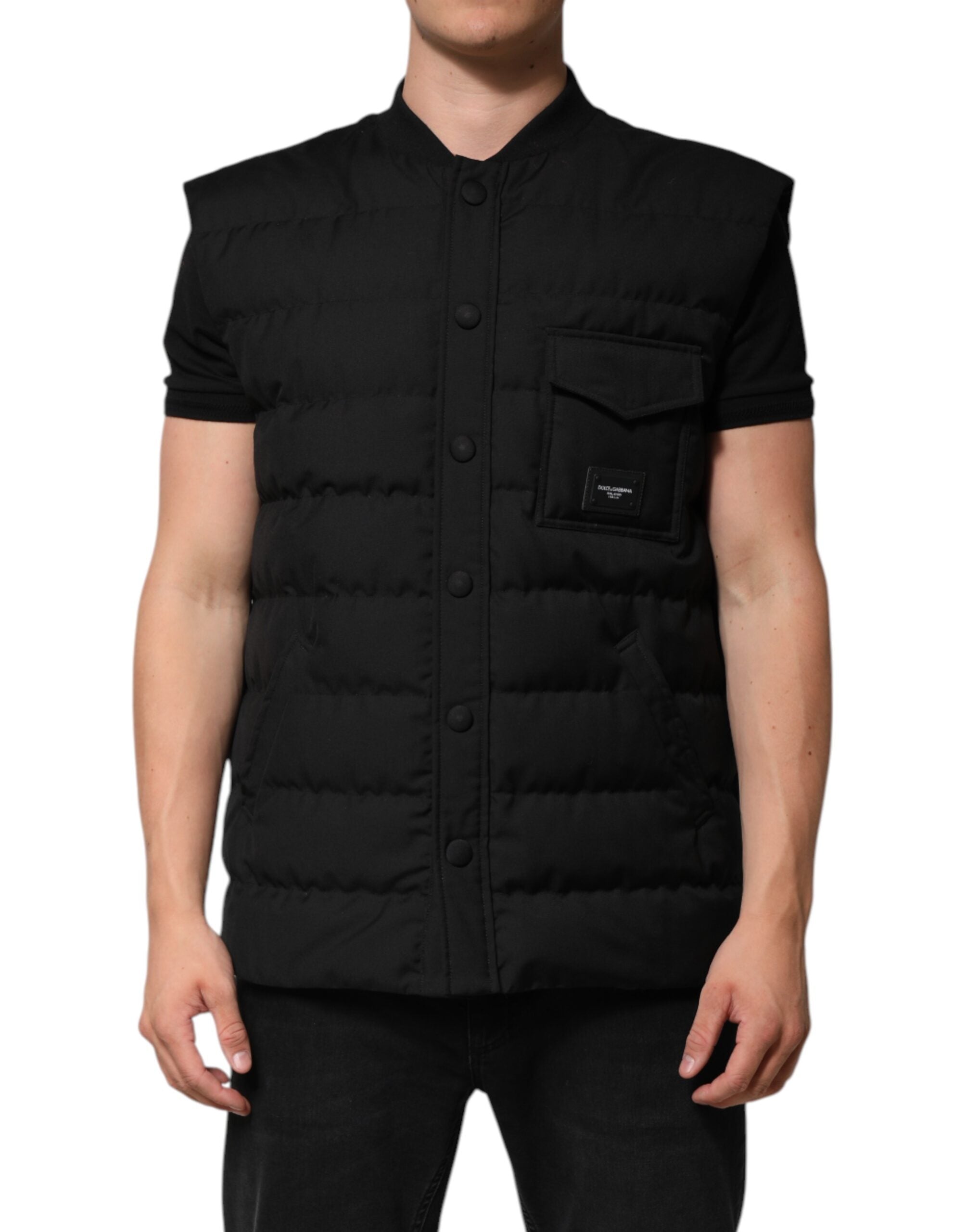 Black Sleeveless Parka Logo Plaque Jacket
