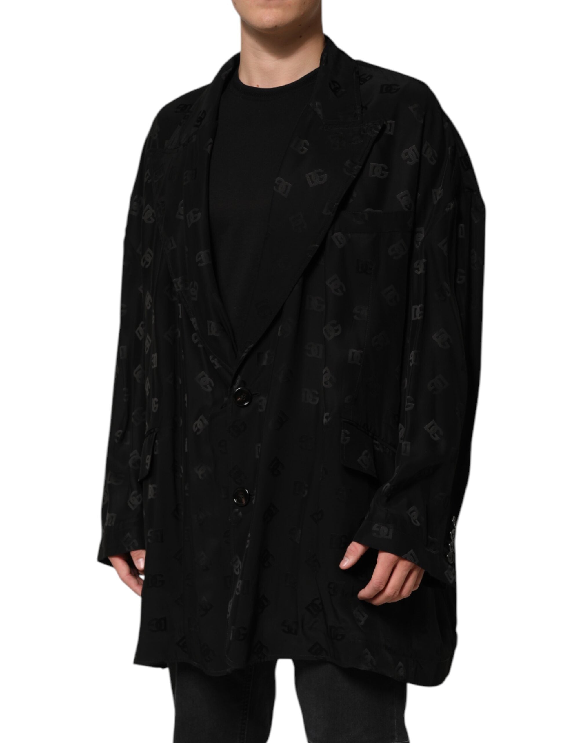 Black Polyester Logo Monogram Coat Jacket
