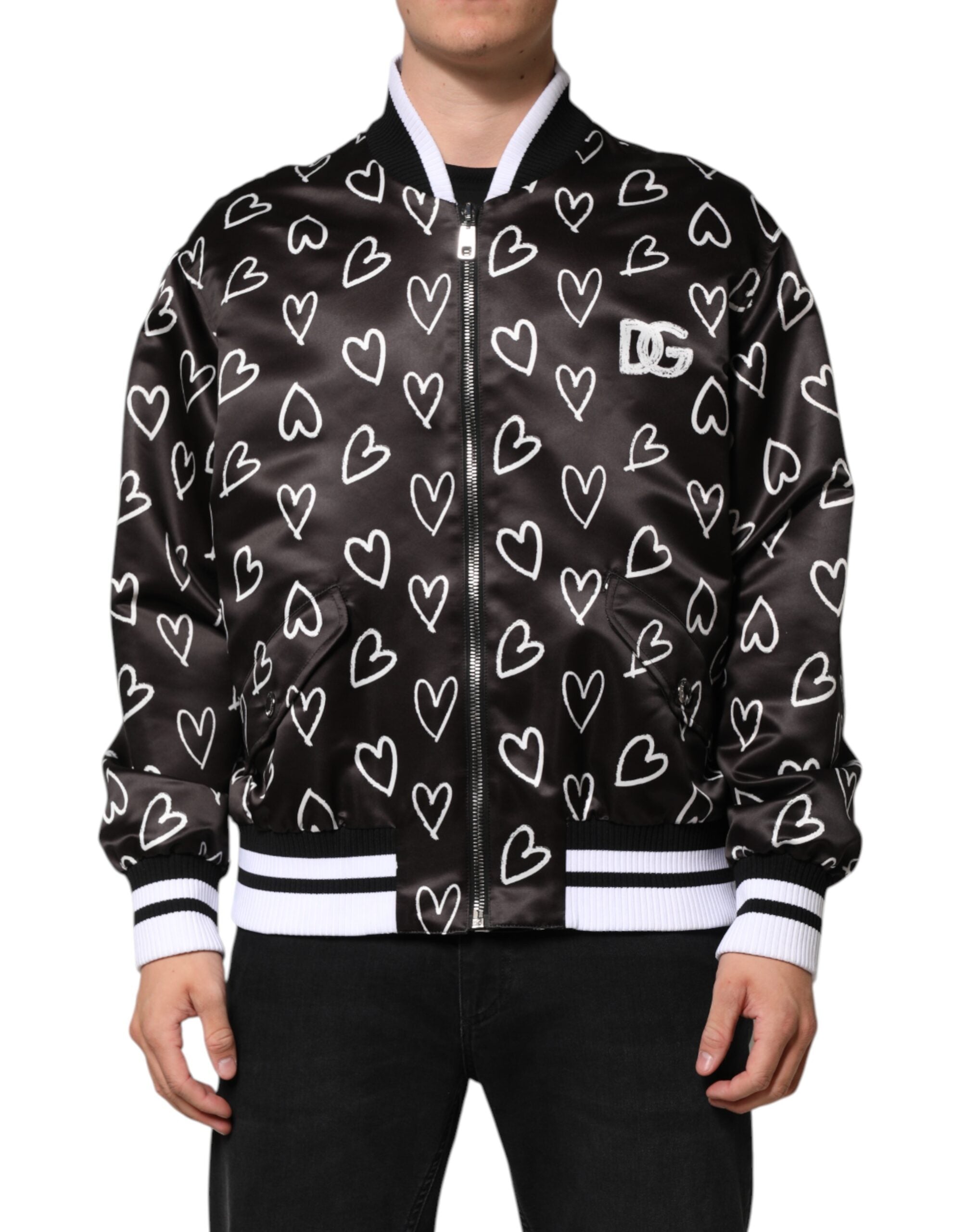 Black Polyester Heart Print Bomber Jacket