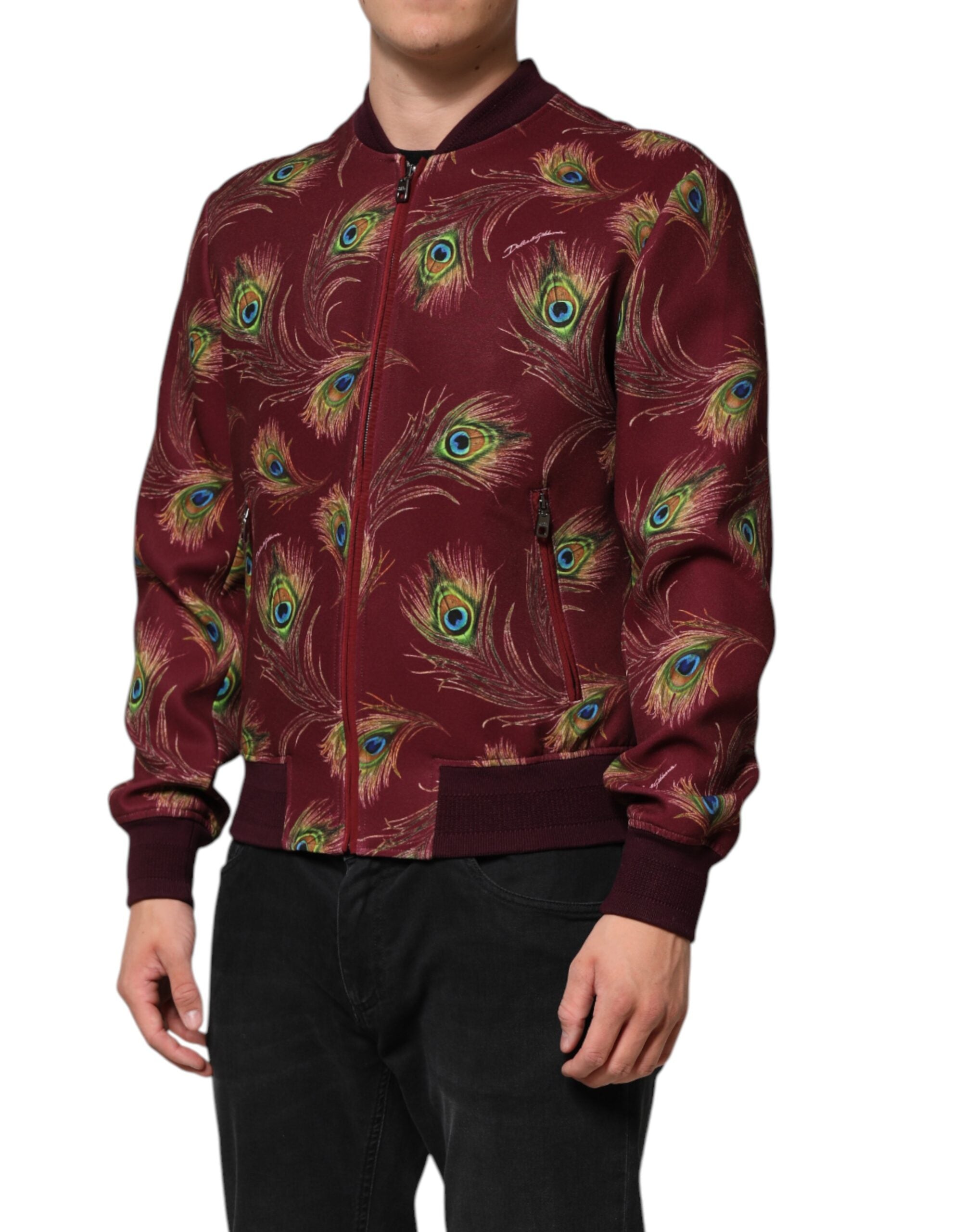 Maroon Peacock Feather Print Bomber Jacket