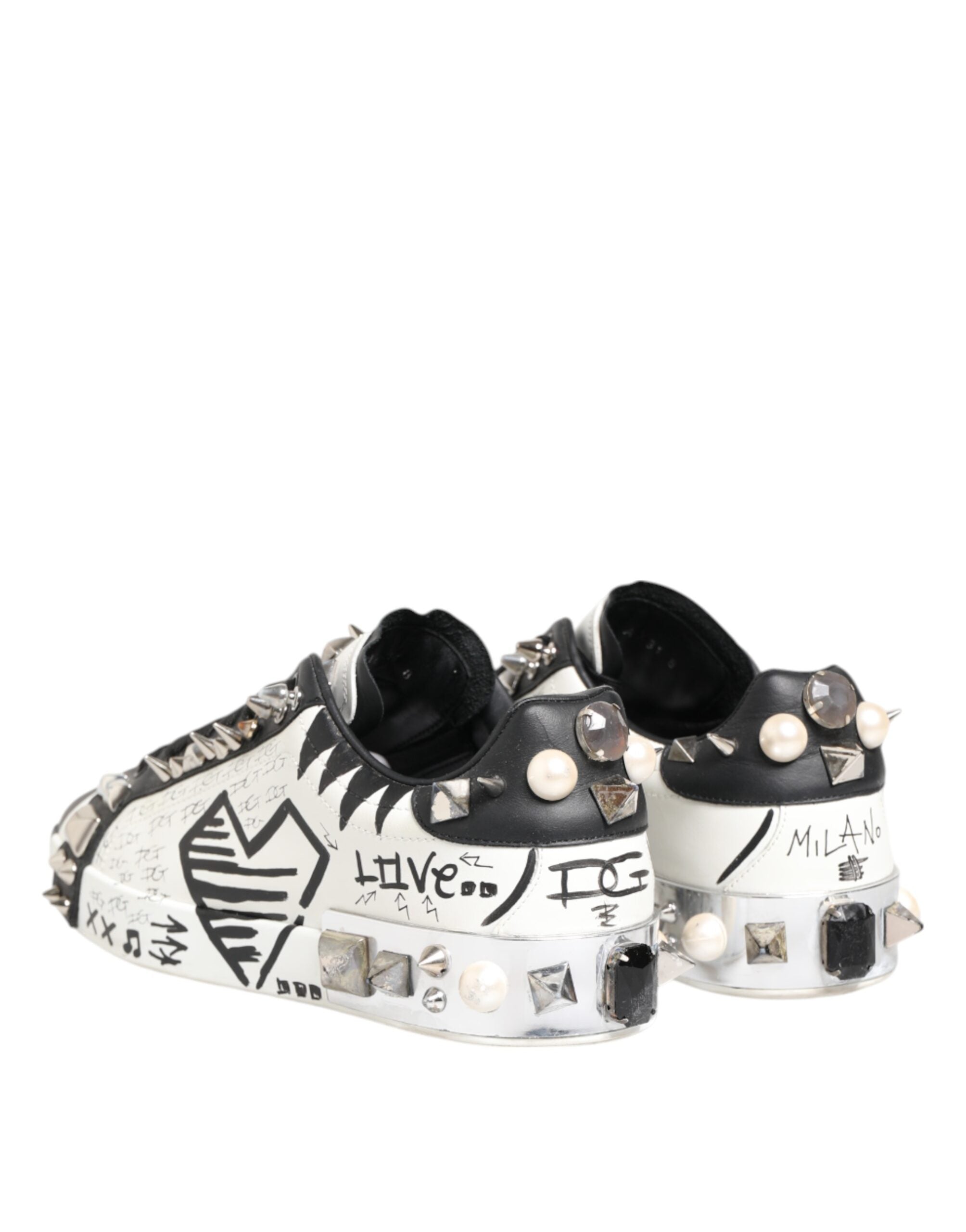 White Studded Printed Low Top Sneakers Shoes