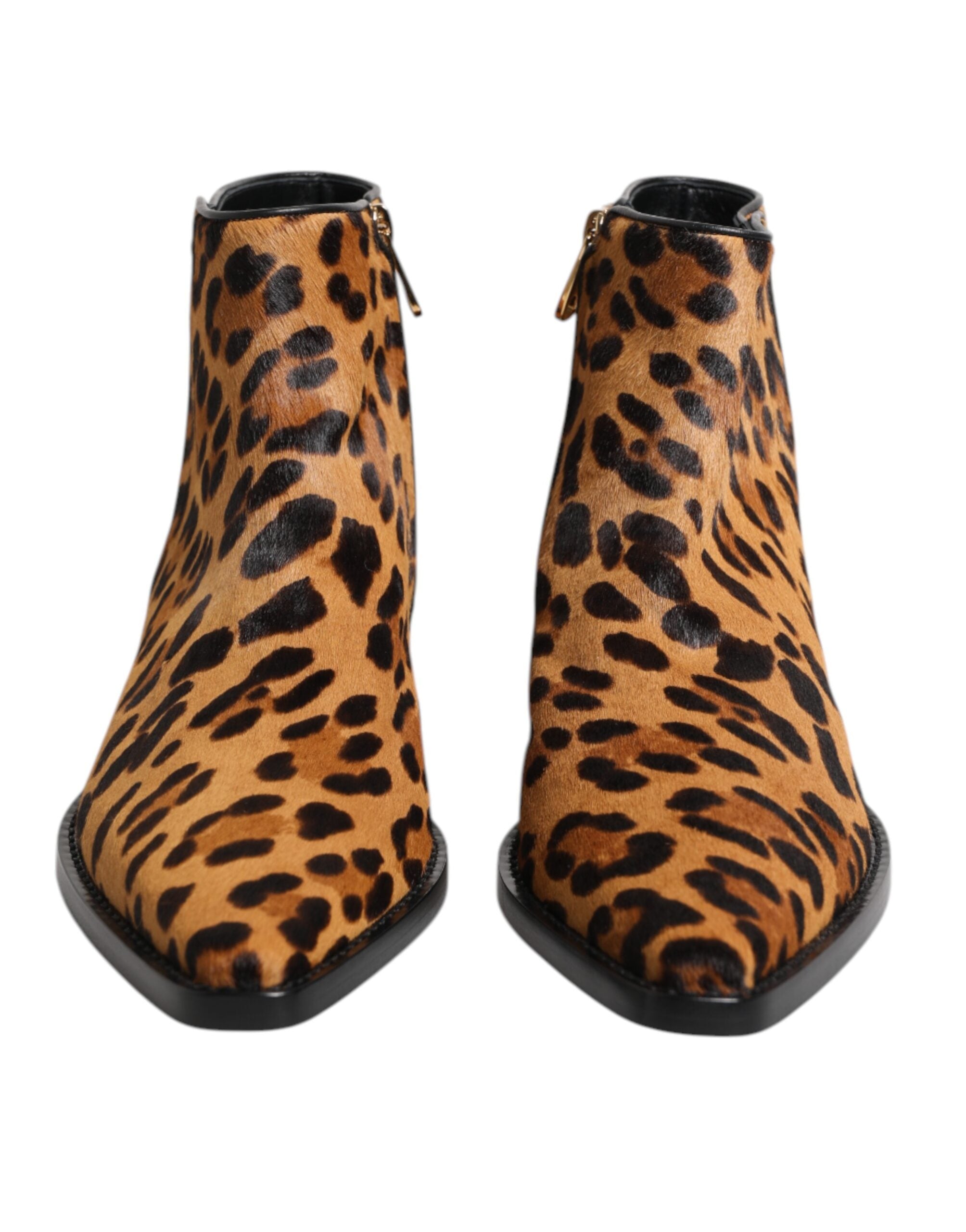 Brown Leopard Calf Fur Ankle Boots Shoes