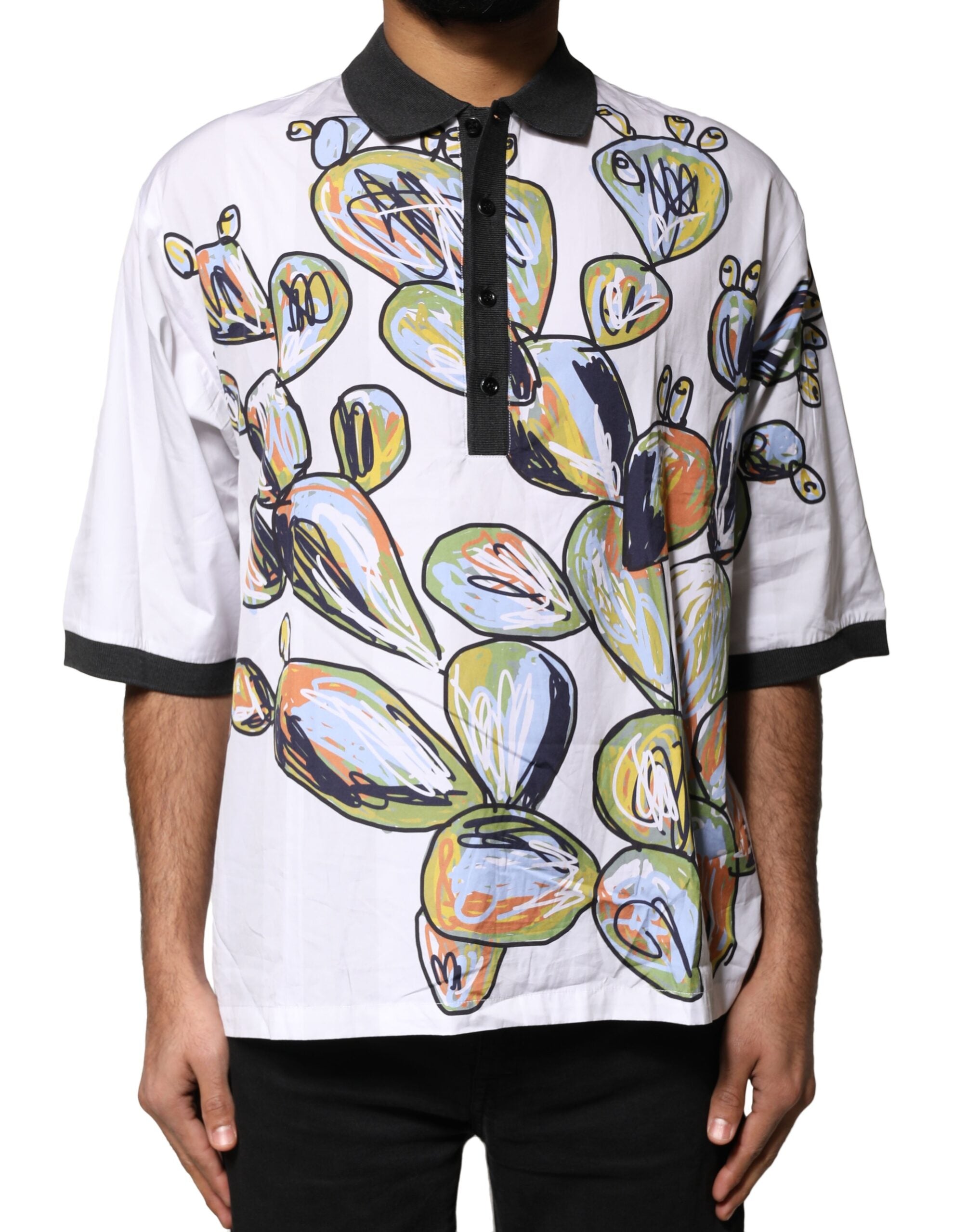 White Sketch Print Oversized Mens Polo T-shirt