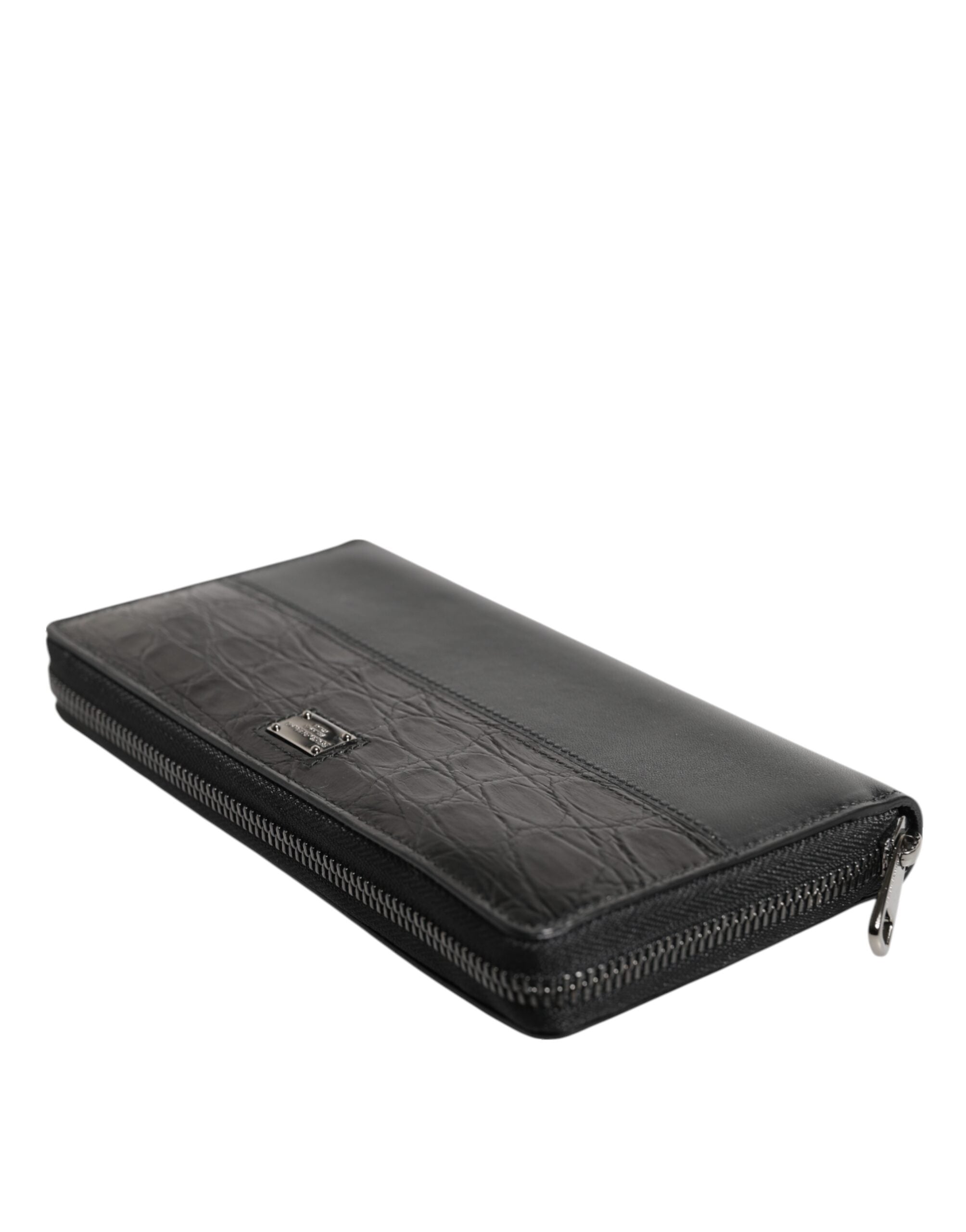 Black Leather Logo Plaque Zip Around Continental Wallet