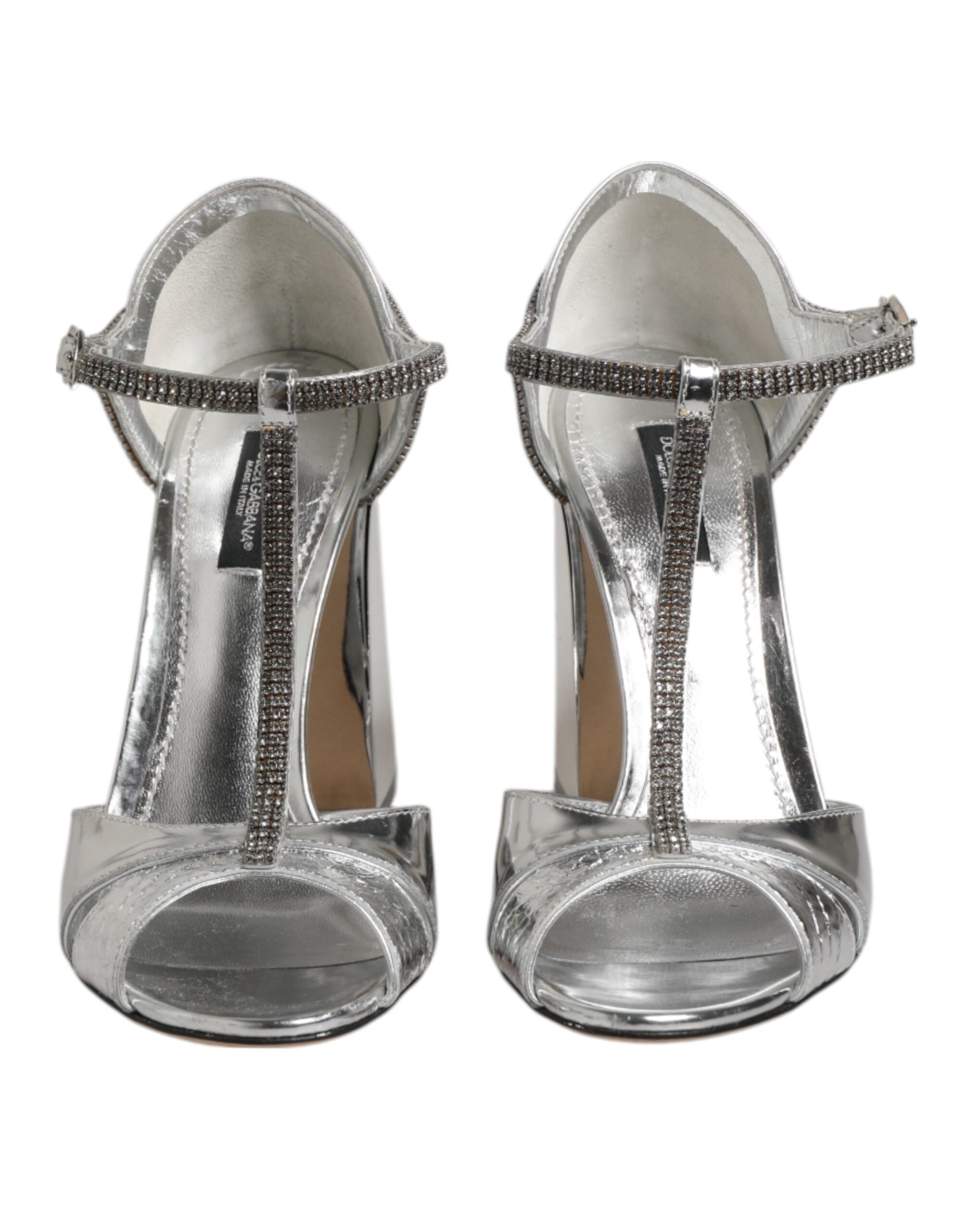 Silver Leather T-strap Heels Sandals Shoes
