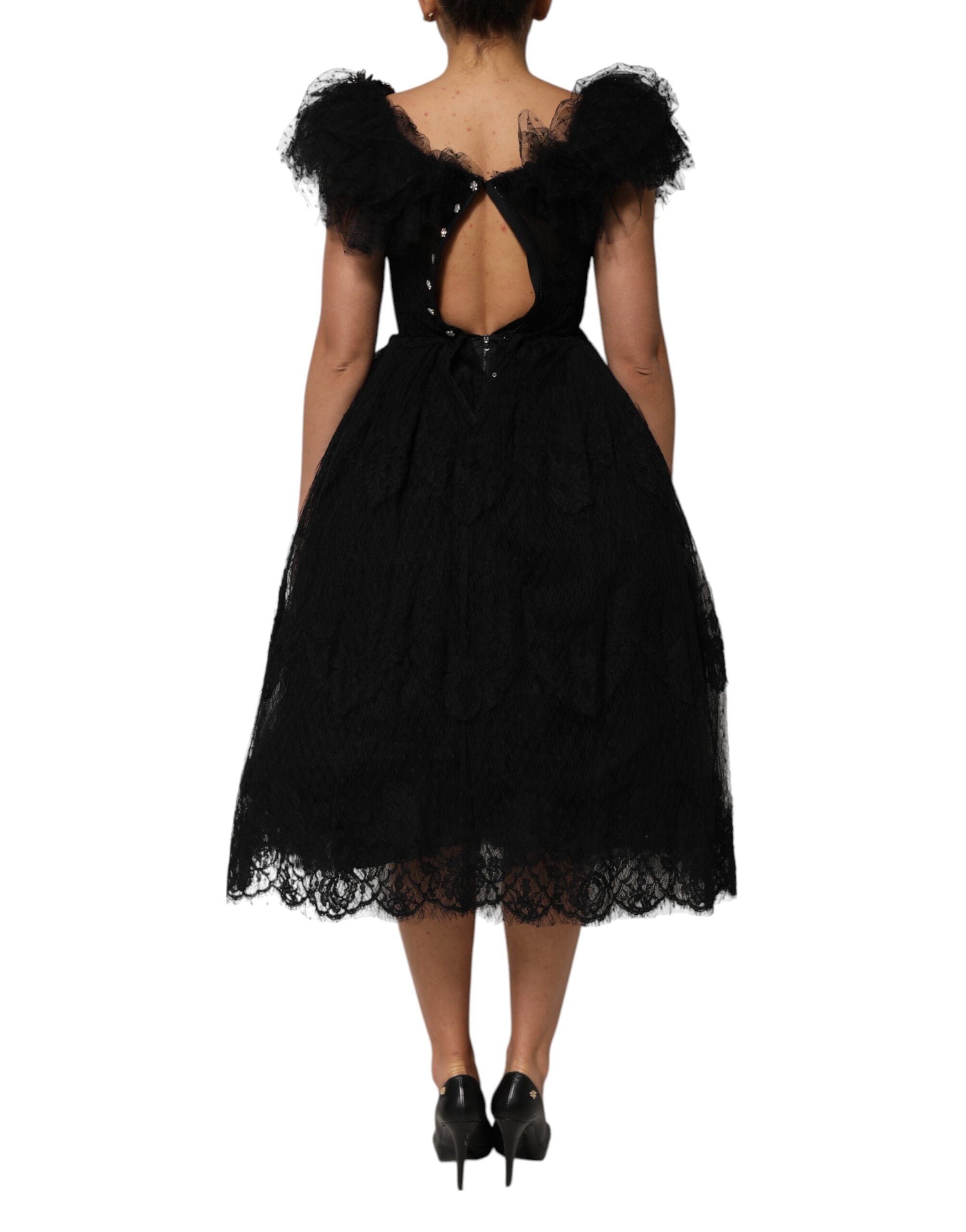 Black Crystal Embellished Midi A-line Dress