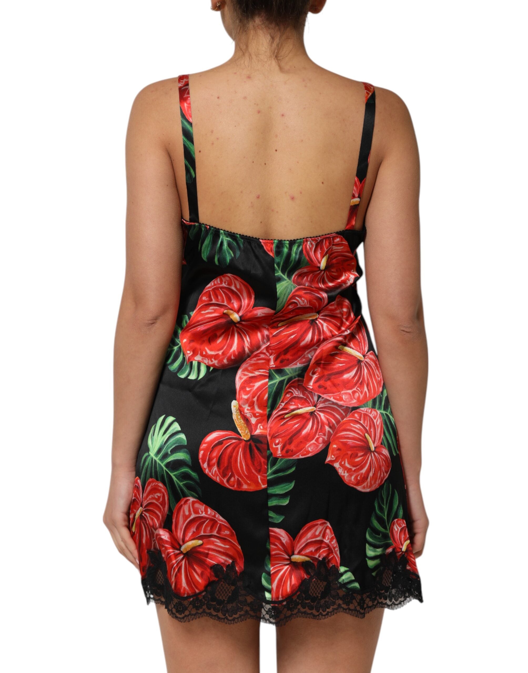 Black Floral Lace Trim Chemise Lingerie Dress