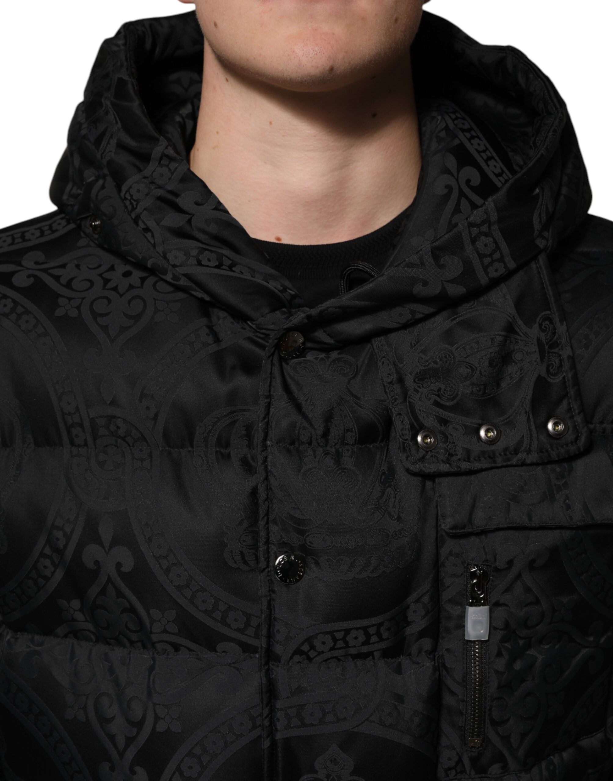 Black Jacquard Quilted Puffer Hooded Jacket