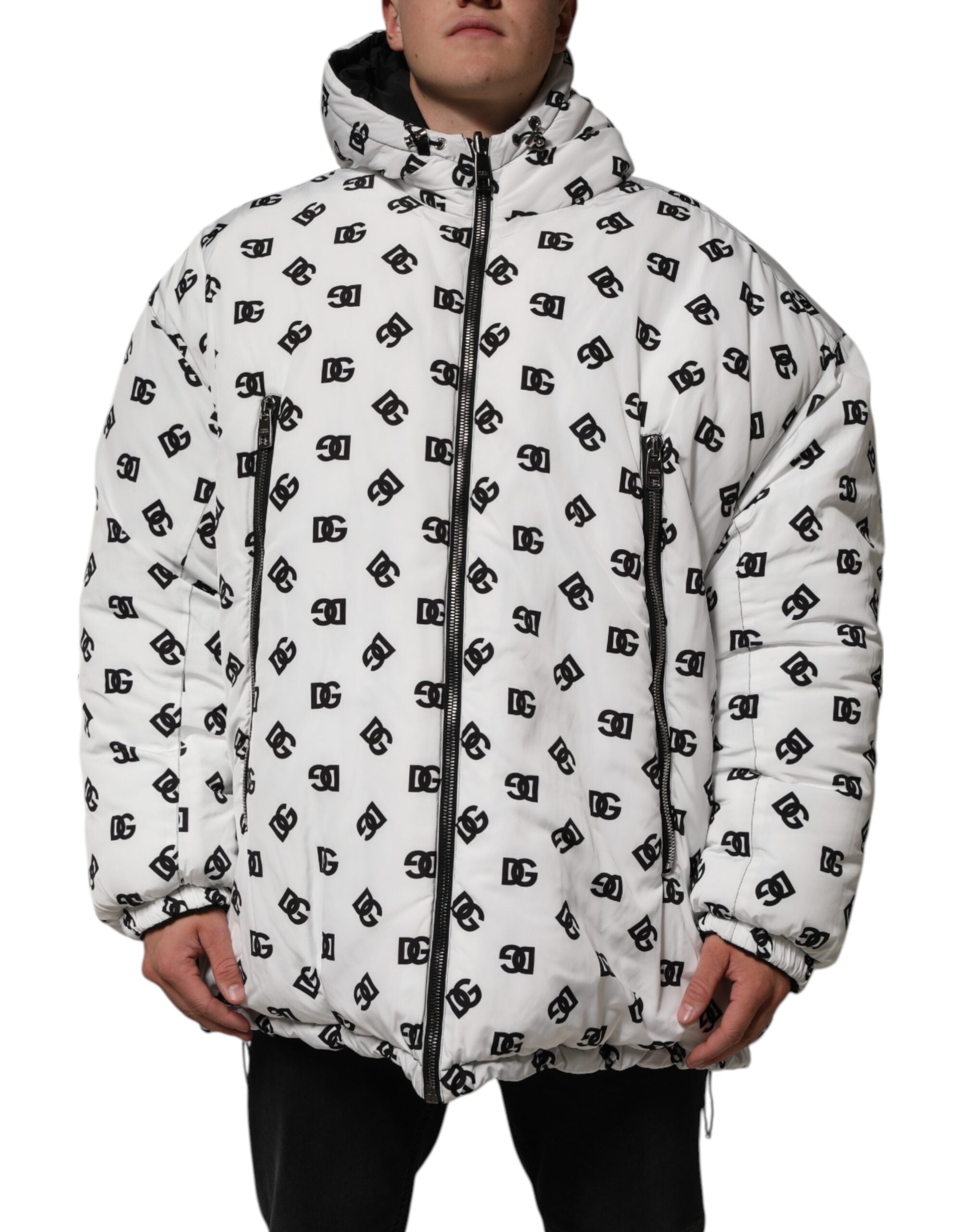White DG Monogram Hooded Puffer Jacket
