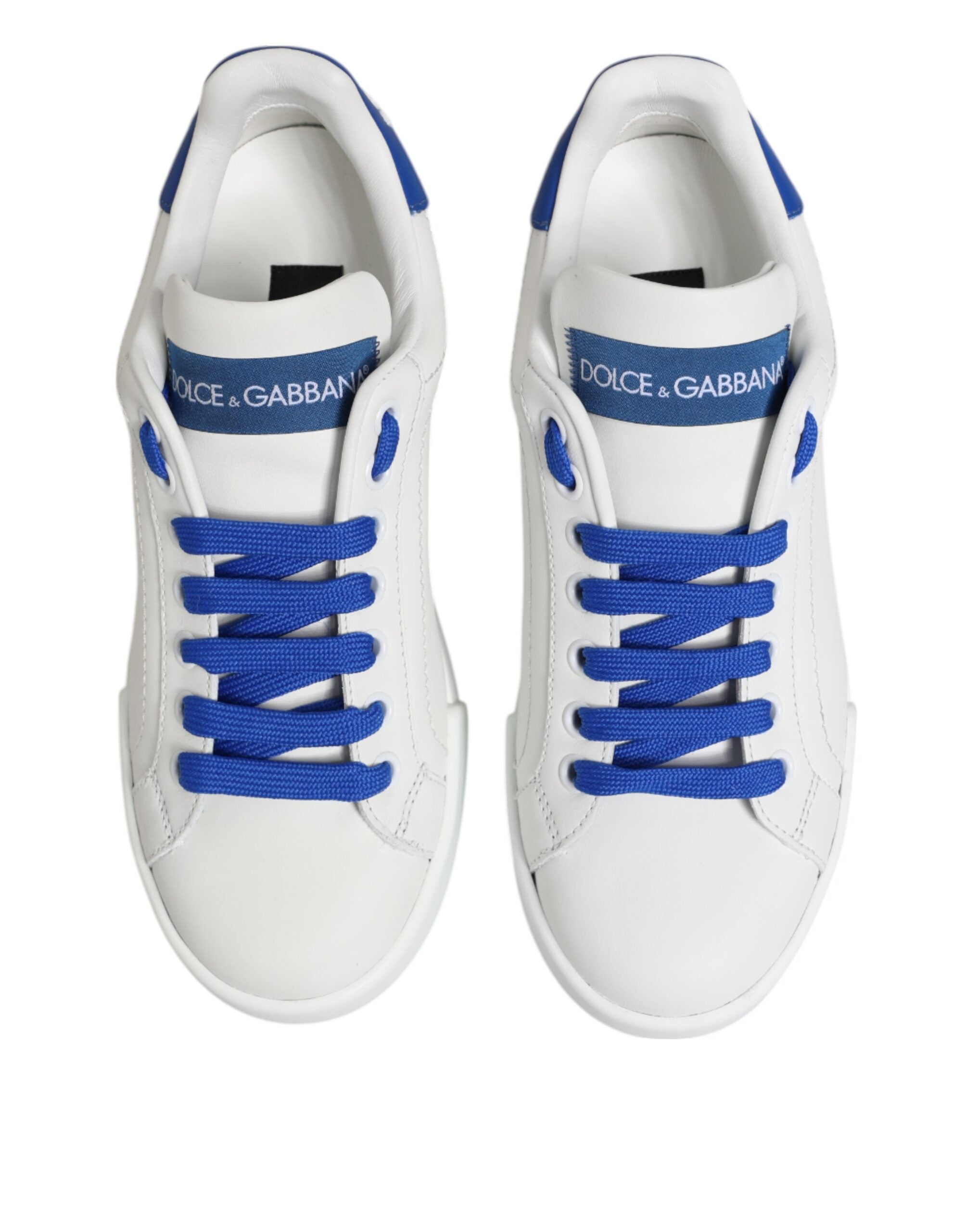 White Blue Leather Low Top Sneakers Shoes