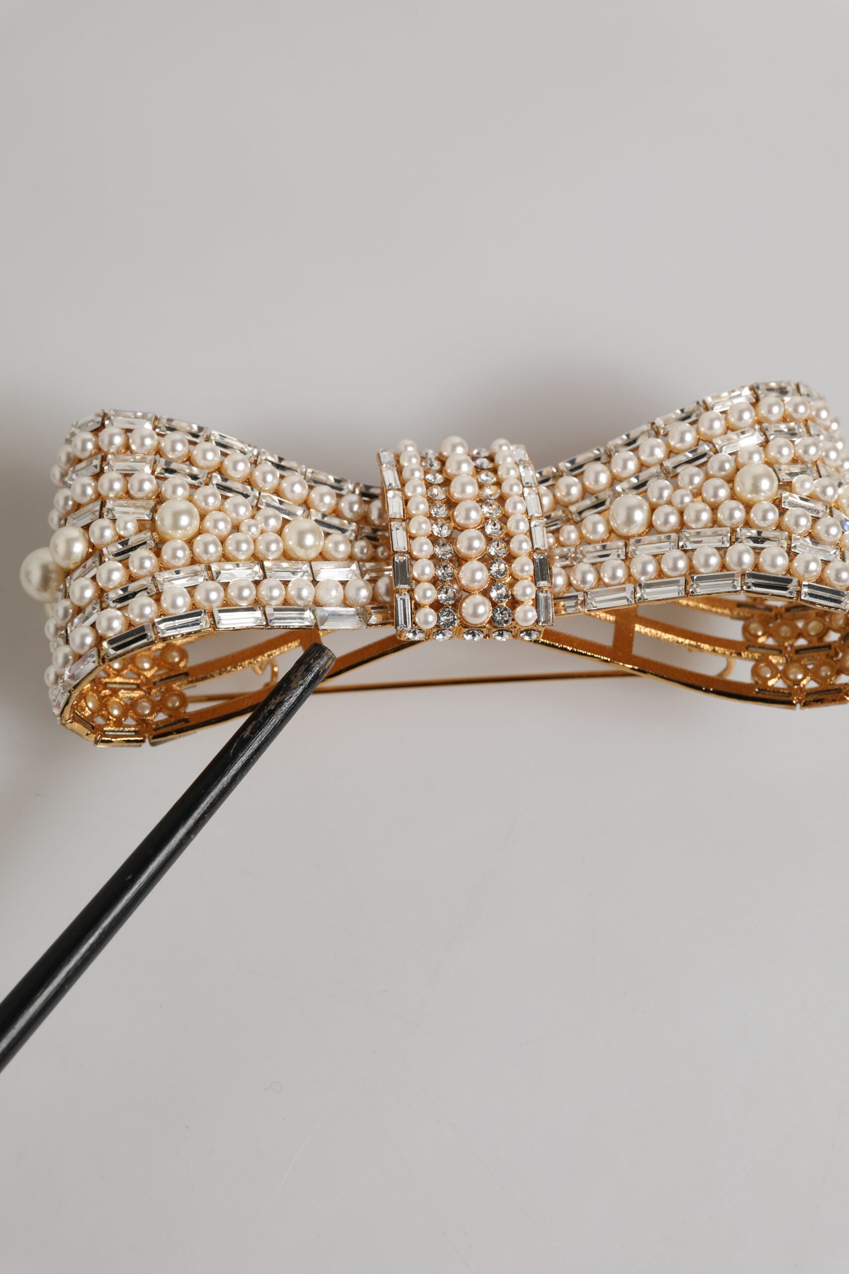 Gold Tone Brass Bow Crystal FauxPearl Embellished Brooch