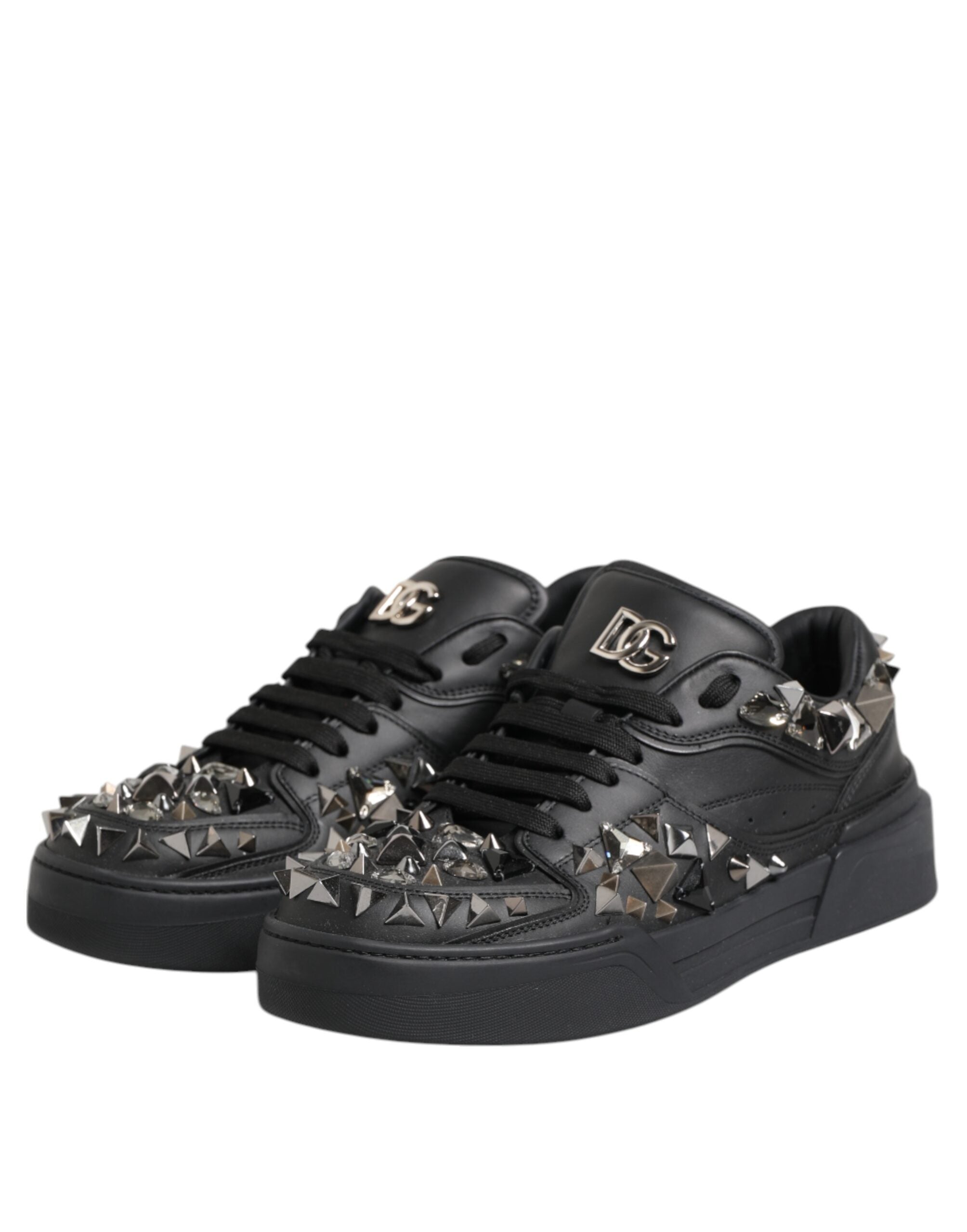 Black Leather Studded Low Top Sneakers Shoes