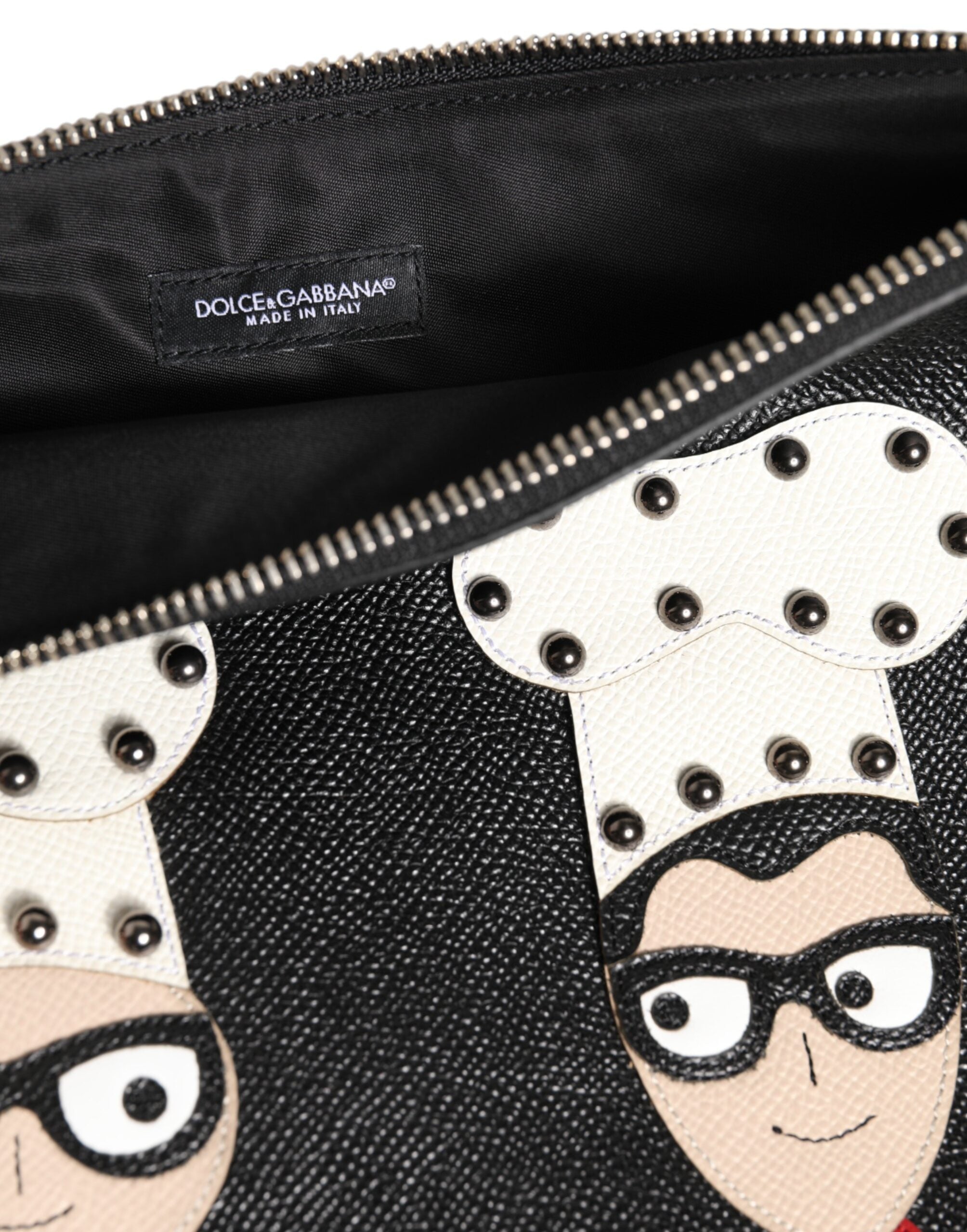 Black Leather #DGFAMILY Embellished Men Clutch Pouch Bag