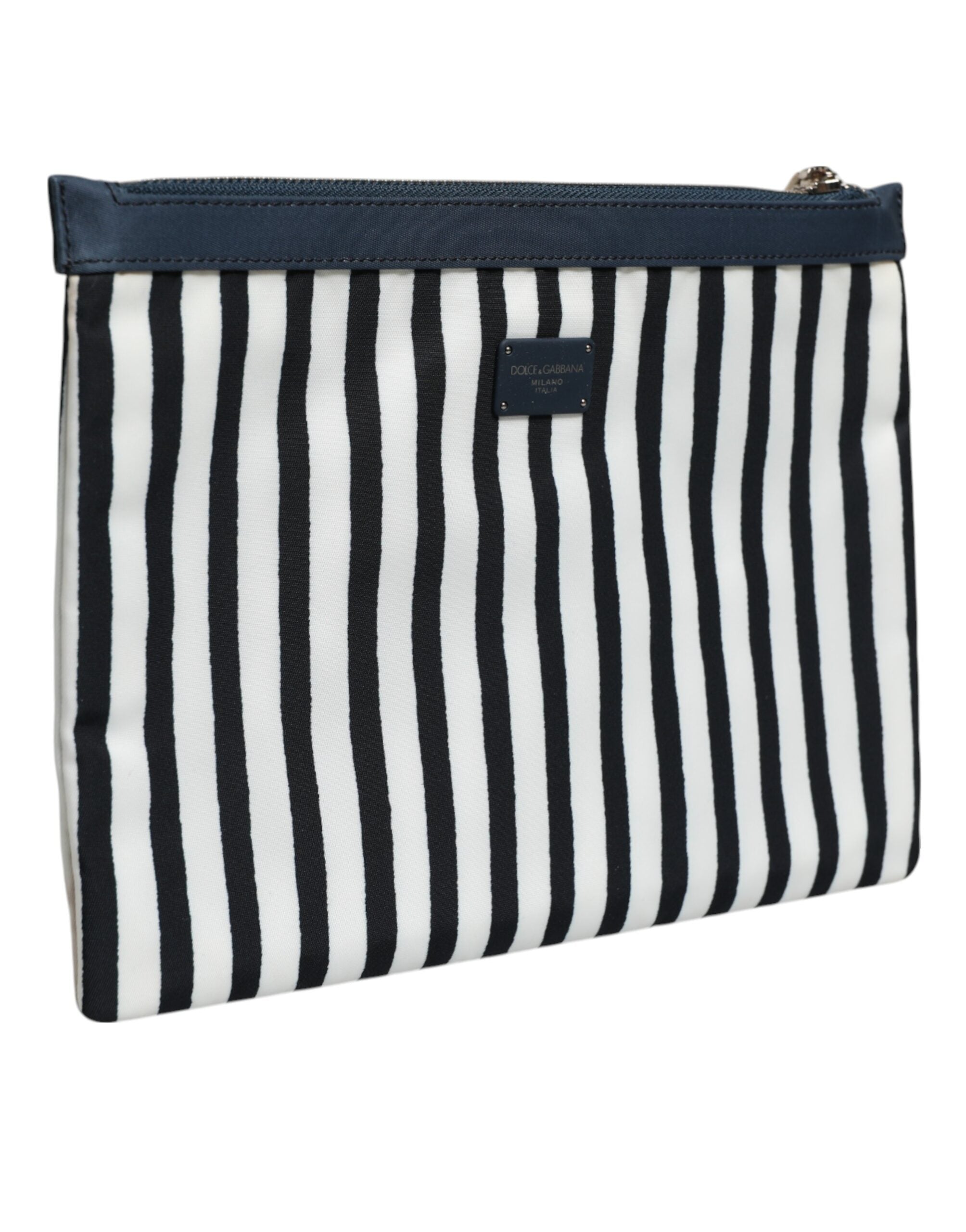 Black White Striped Logo Plaque Clutch Pouch Bag