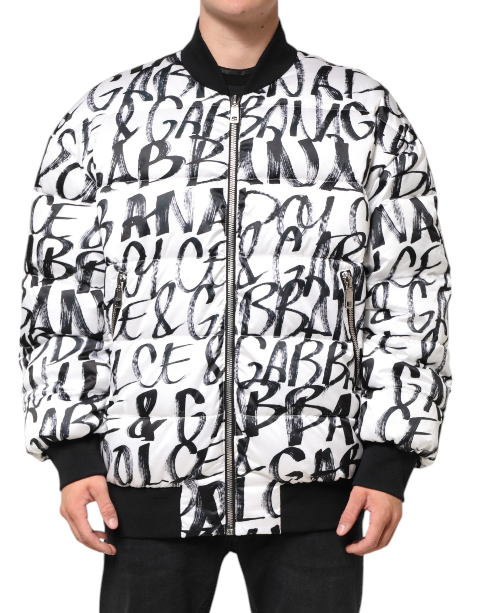 White Black Graffiti Logo Puffer Bomber Jacket