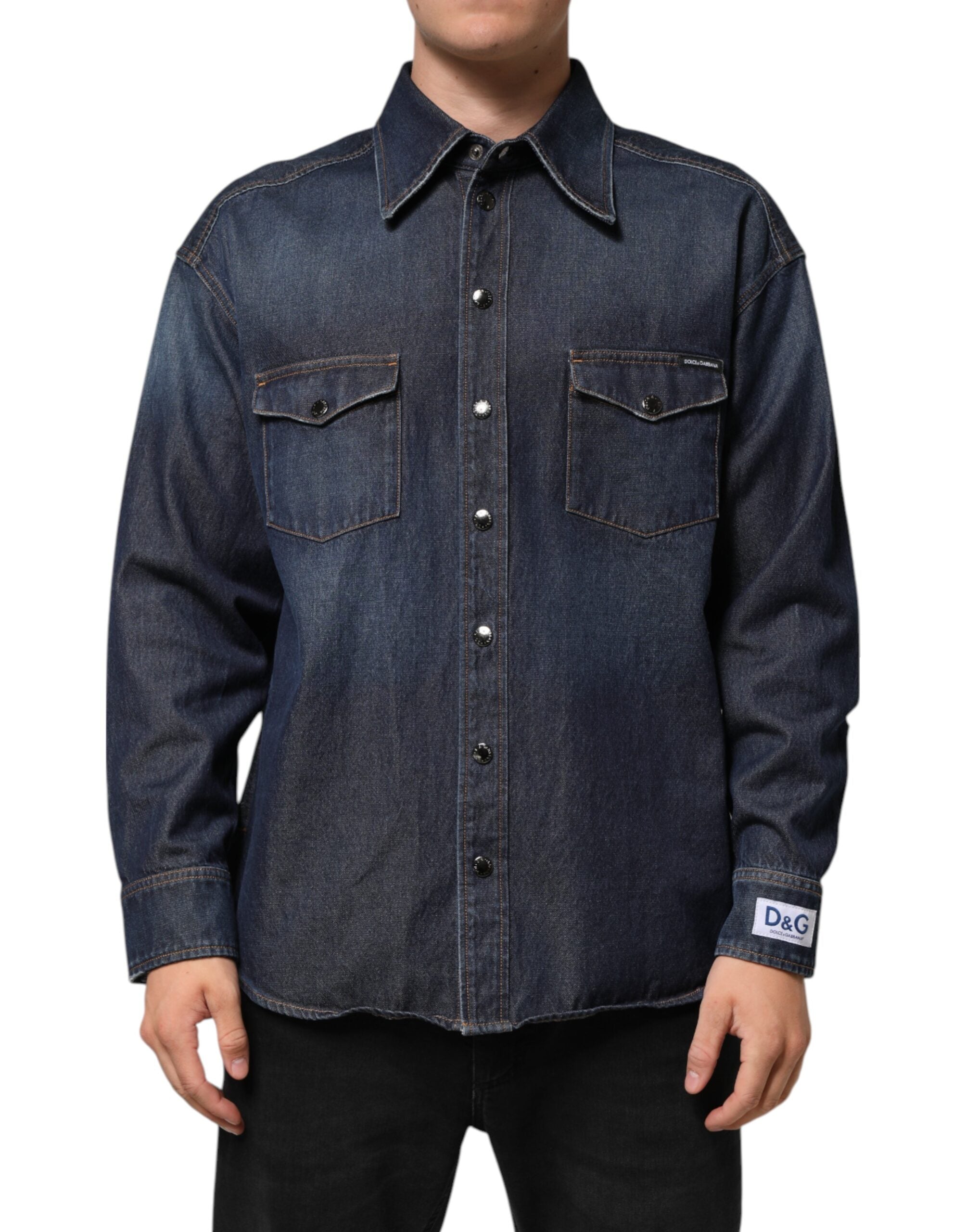 Blue Denim Button Casual Logo Patch Men Shirt