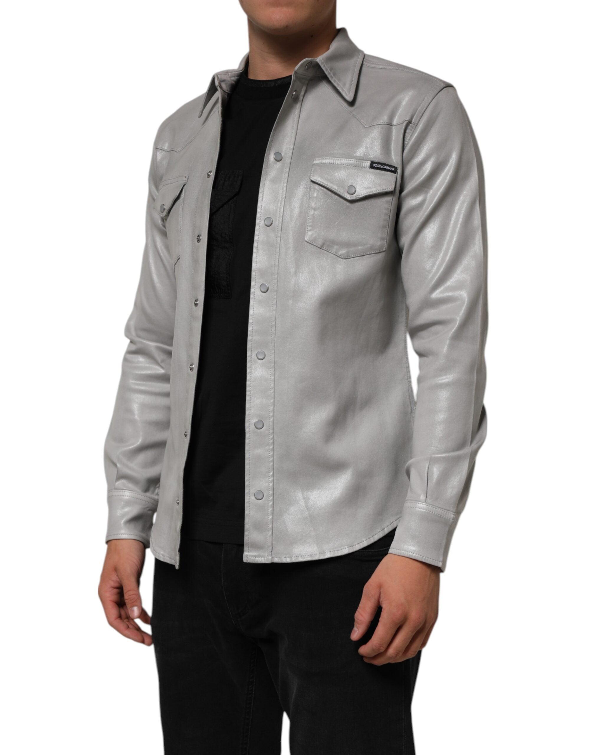 Gray Coated Cotton Snap Button Logo Men Shirt