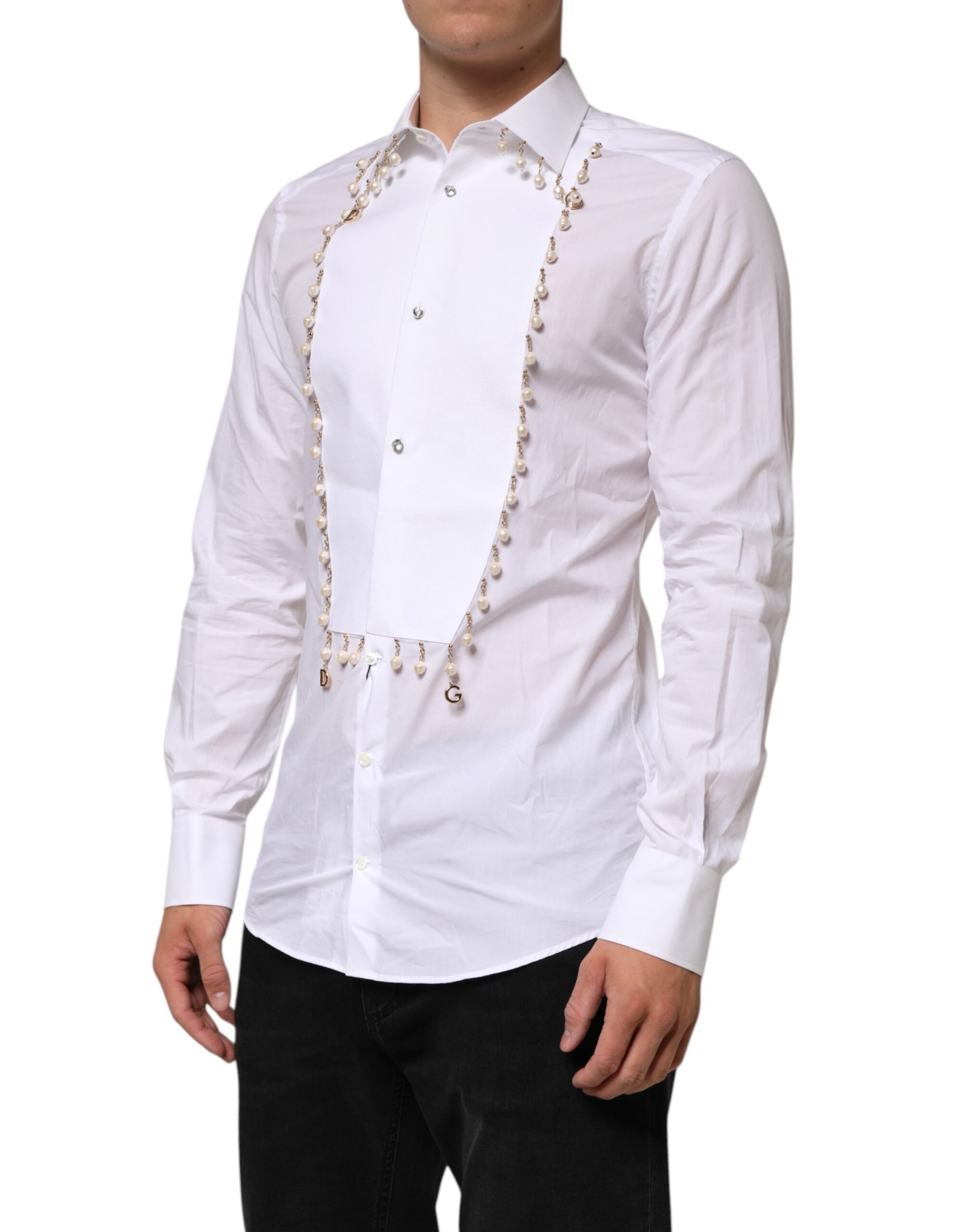 White Cotton DG Logo Pearl Chain Formal Shirt