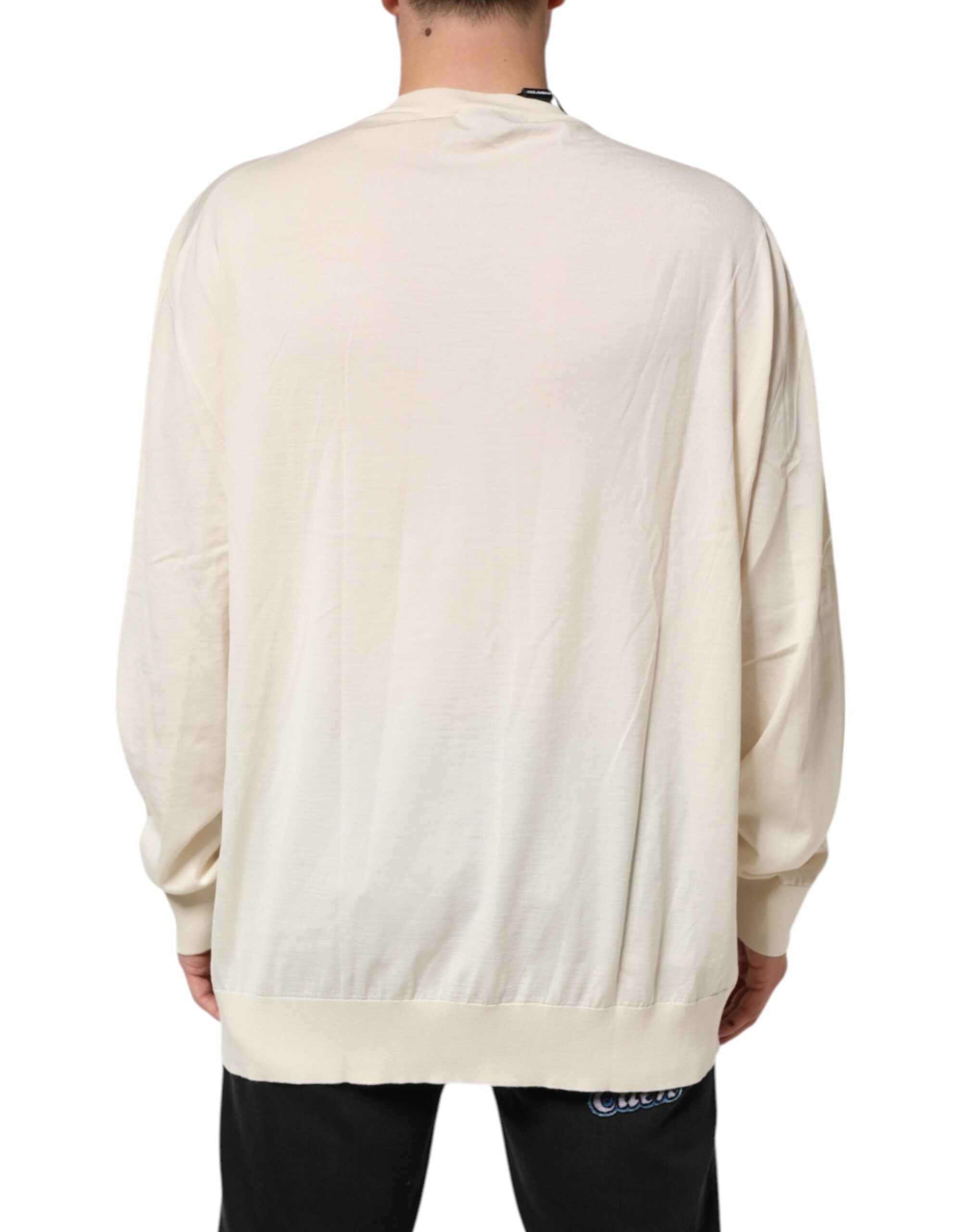Ivory Virgin Wool Men V-Neck Knit Sweater