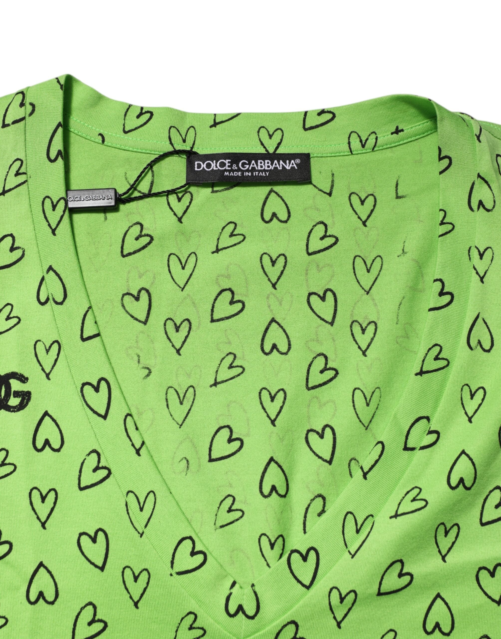 Green V-Neck DG Logo Heart Print T-shirt