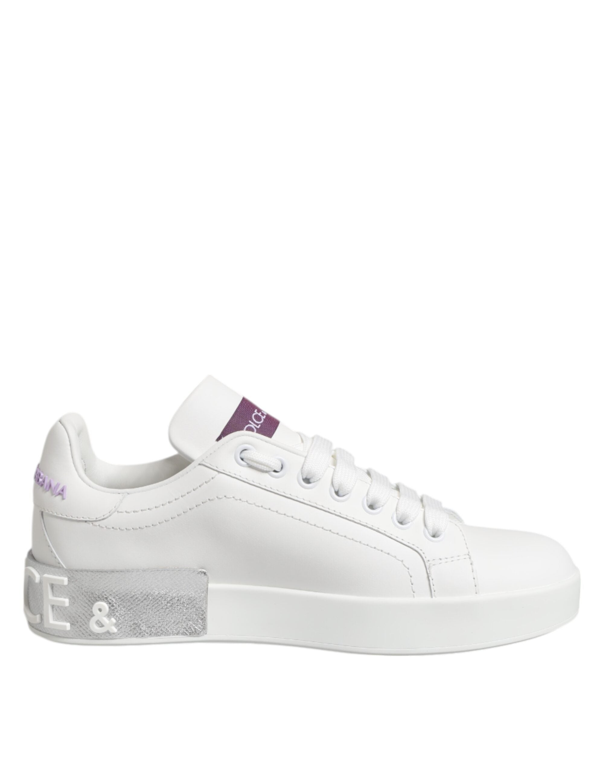 White Purple Leather Low Top Sneakers Shoes