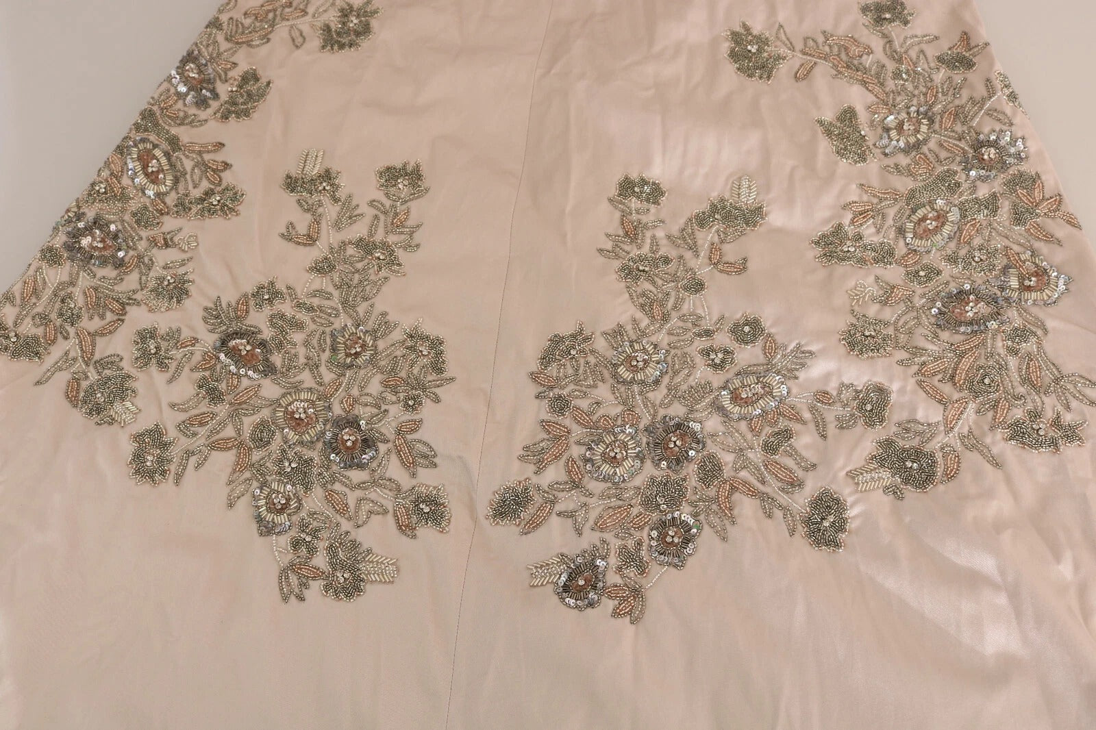 Beige Sequined Flower Flare Ball Gown Dress