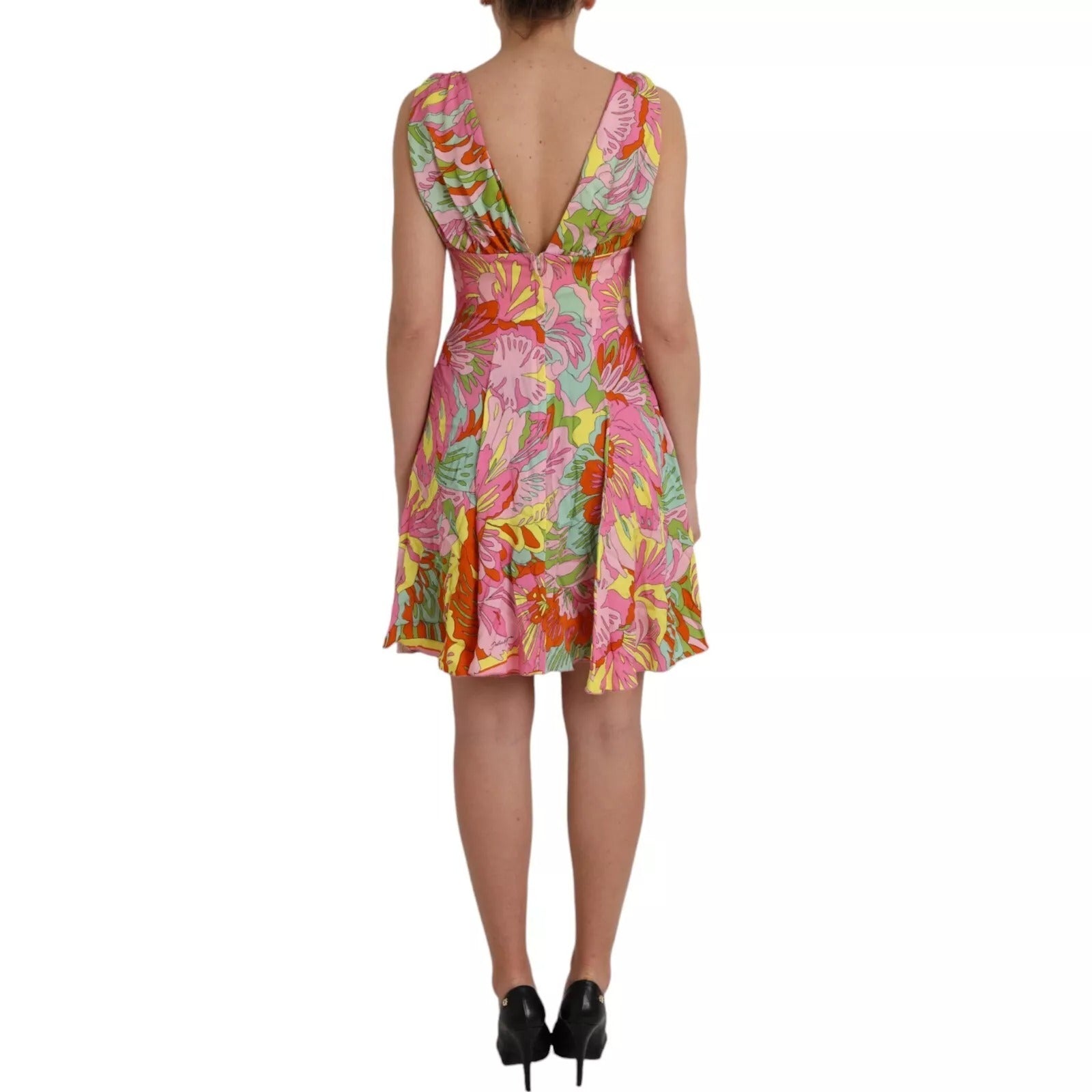 Multicolor Floral Silk Flared Mini Dress