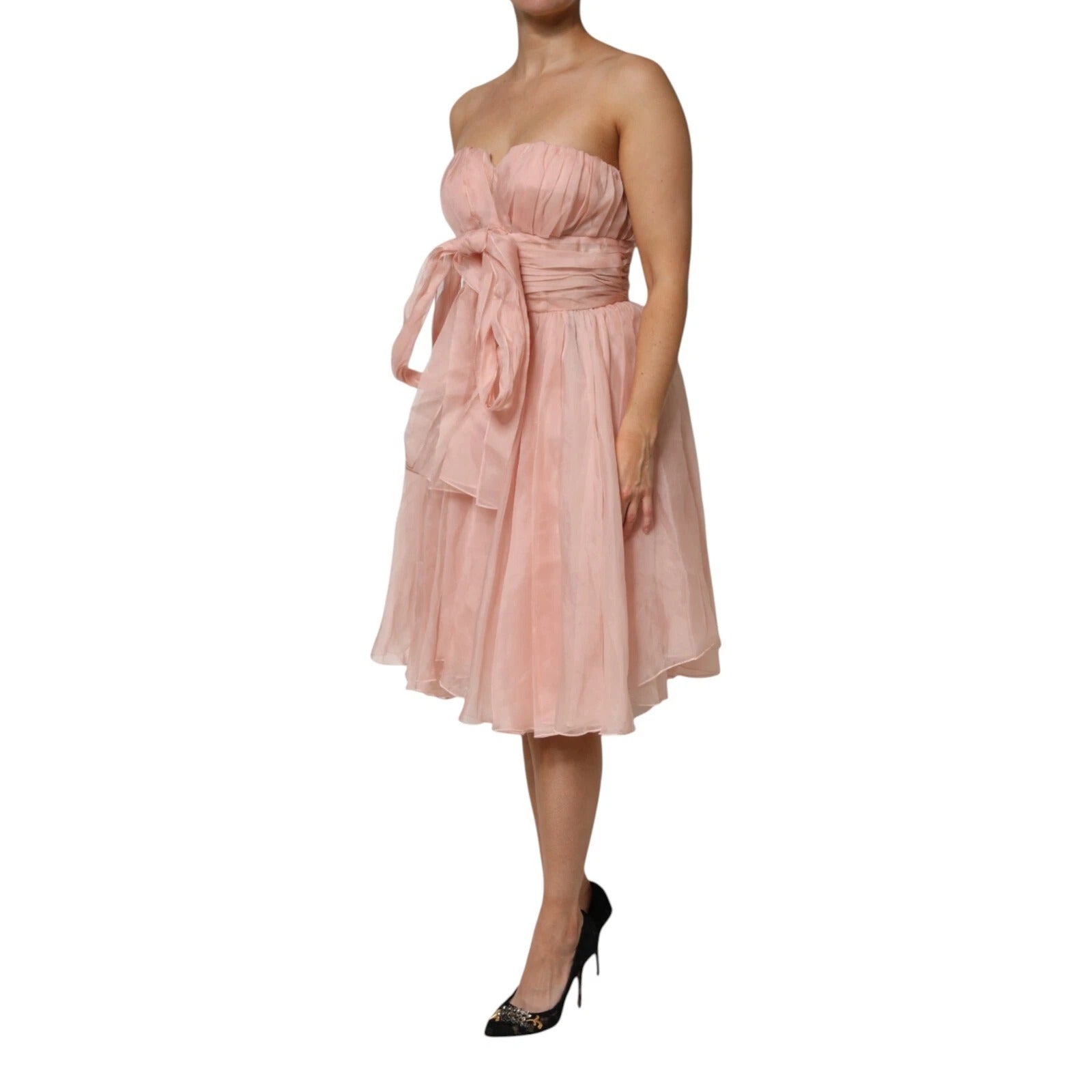 Pink Silk Chiffon A-line Pleated Midi Dress