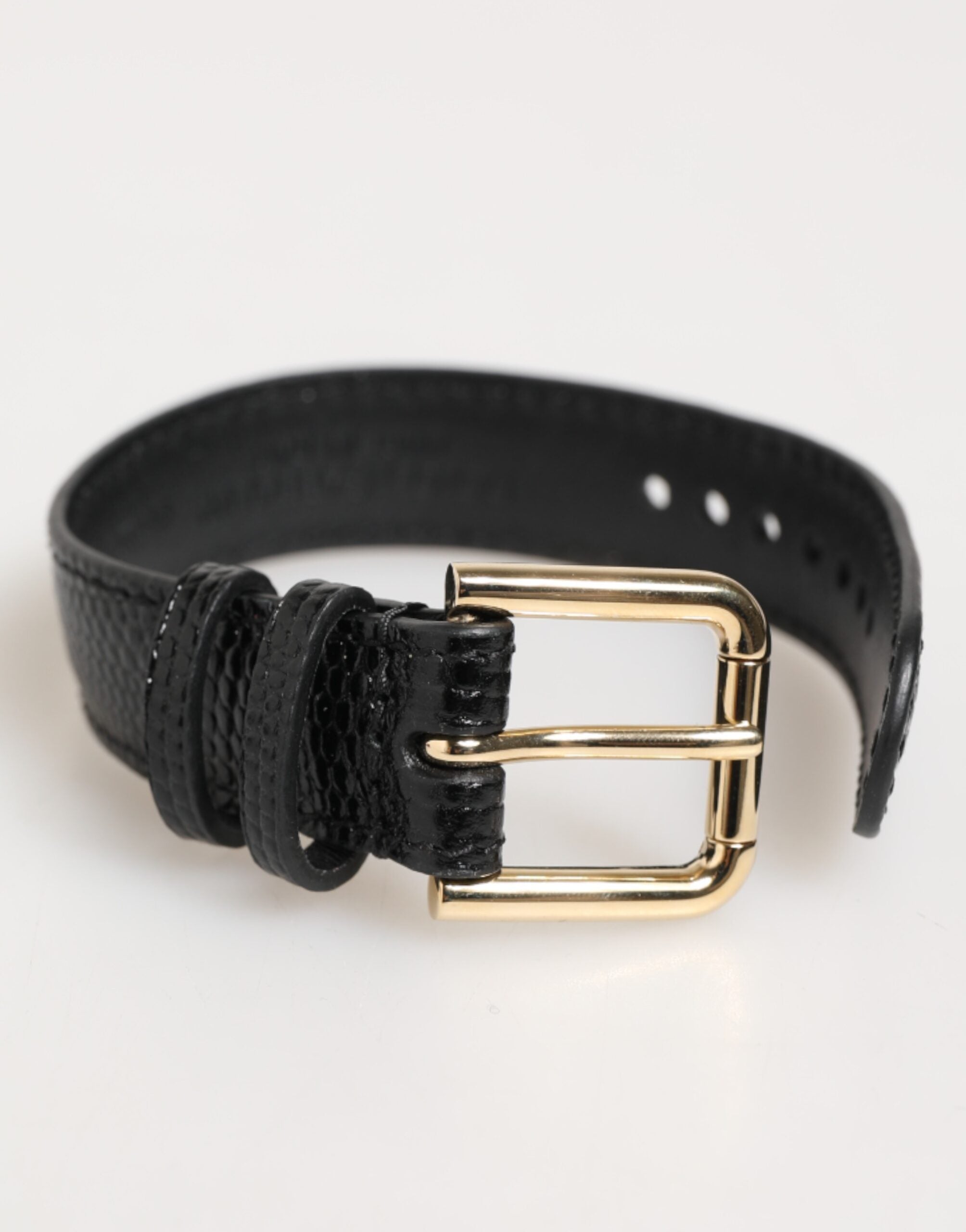 Black Embossed Leather Gold Buckle Belt Strap Bracelet