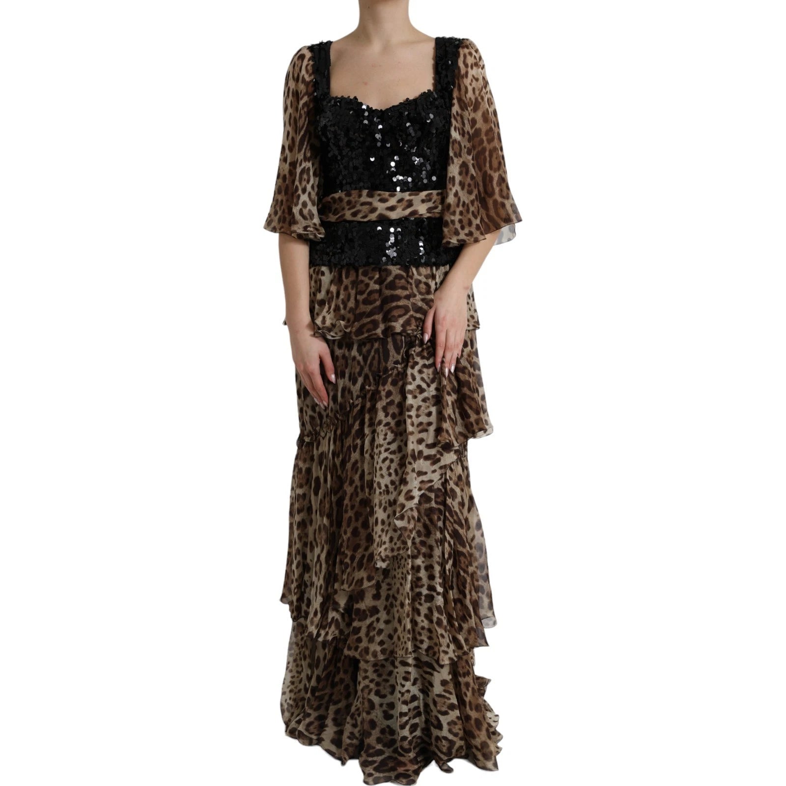 Leopard Print Silk Sequin Ruffle Maxi Dress