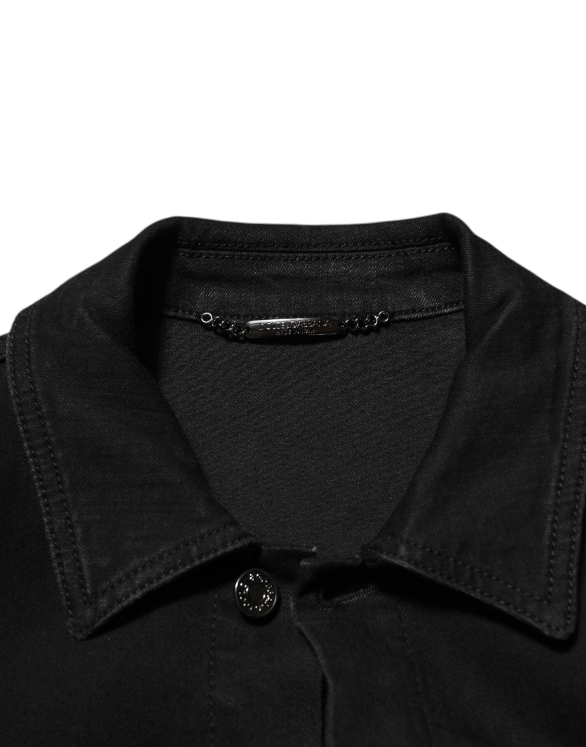 Black Cotton Denim Stretch Button Up Jacket