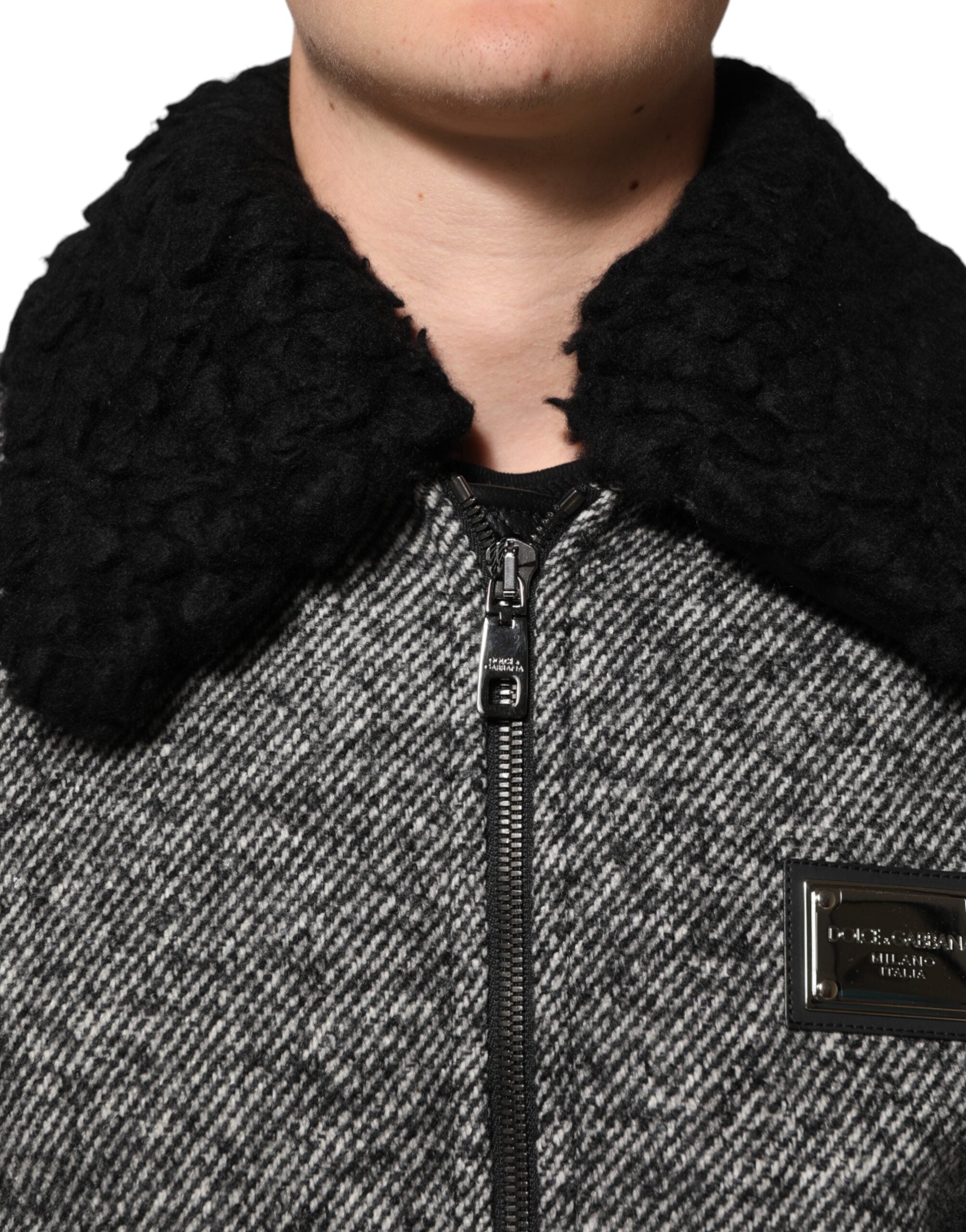 Gray Wool Herringbone Shearling Collar Bomber Jacket