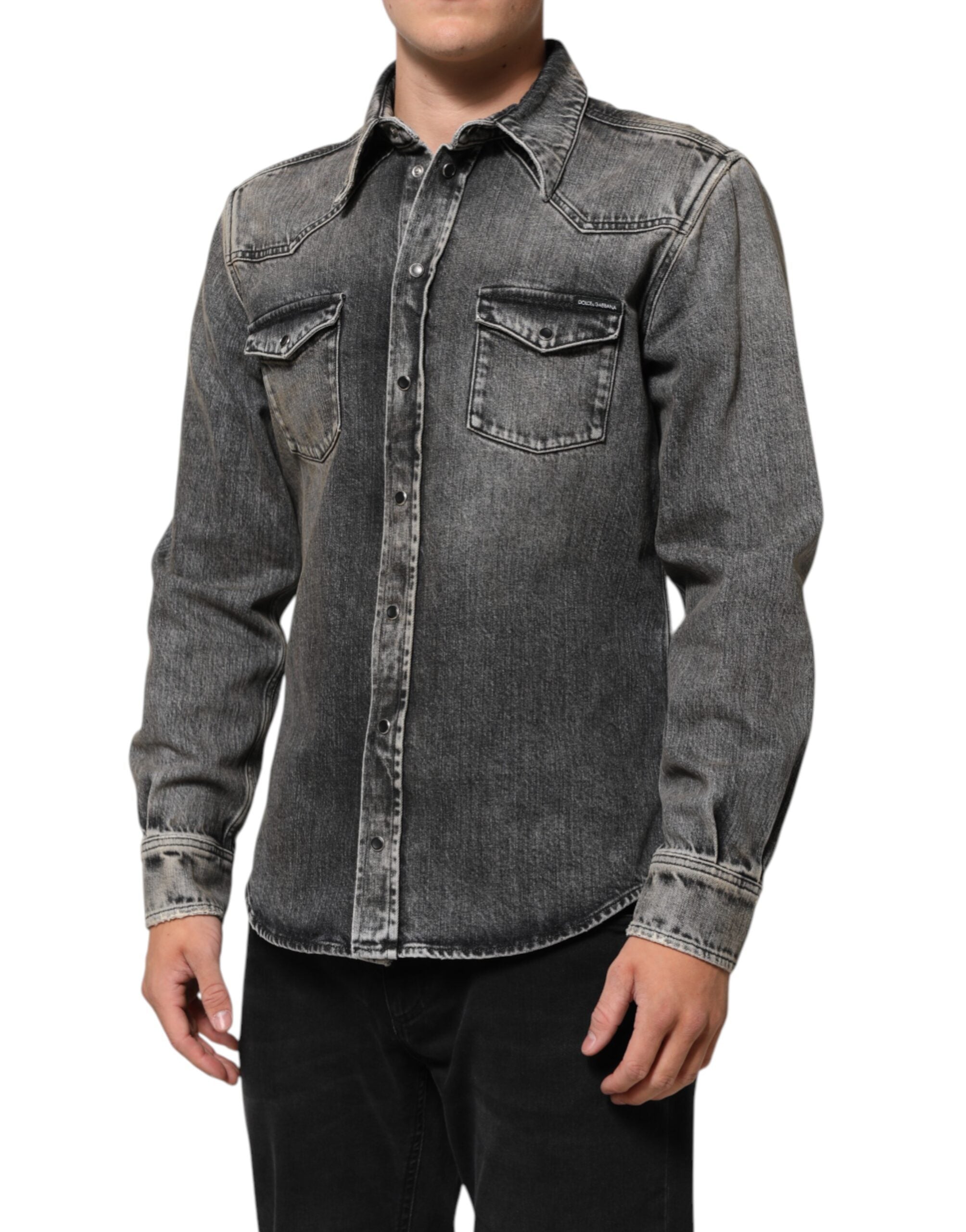 Black Washed Cotton Snap Long Sleeve Casual Shirt