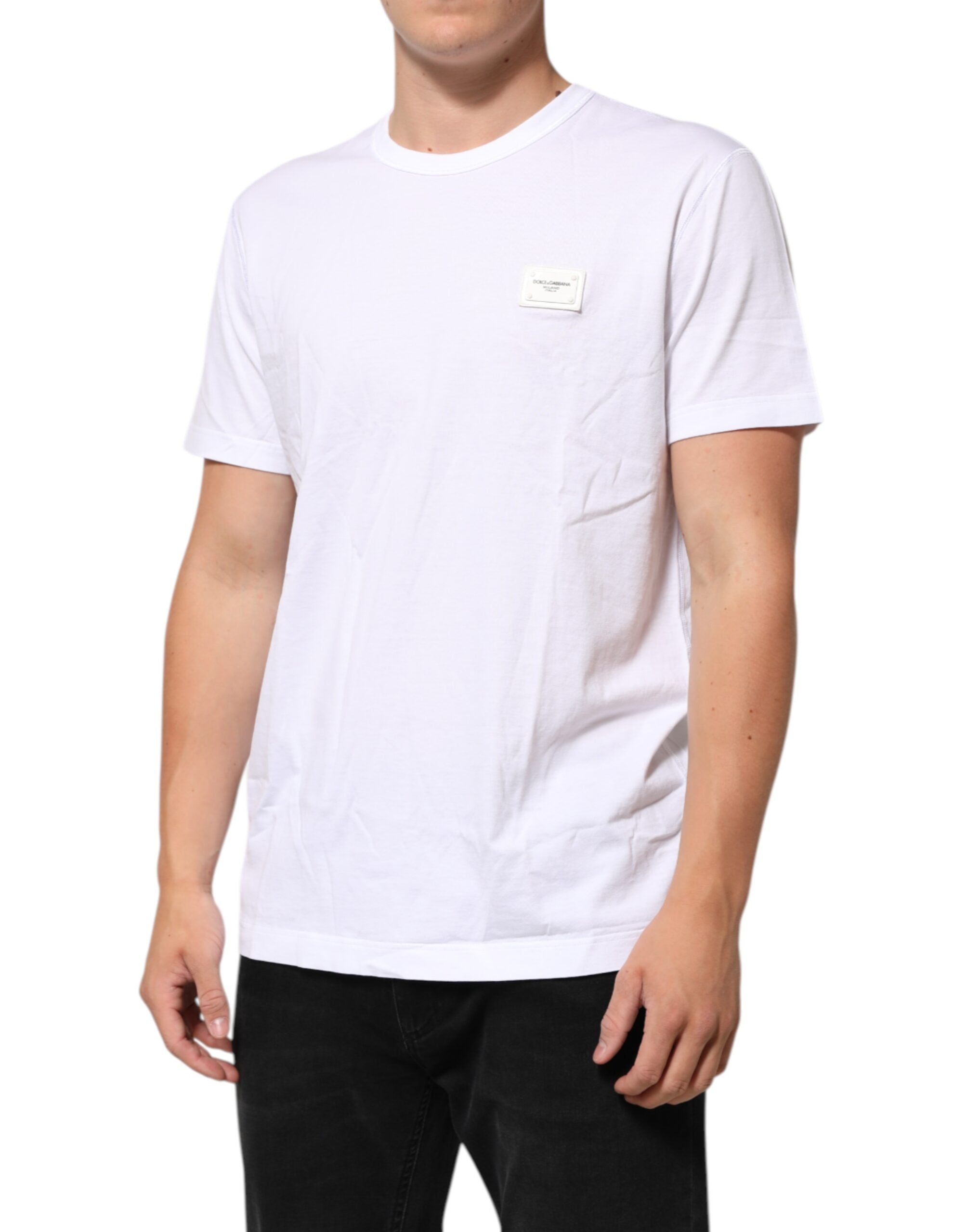 White Logo Plaque Cotton Crew Neck T-shirt