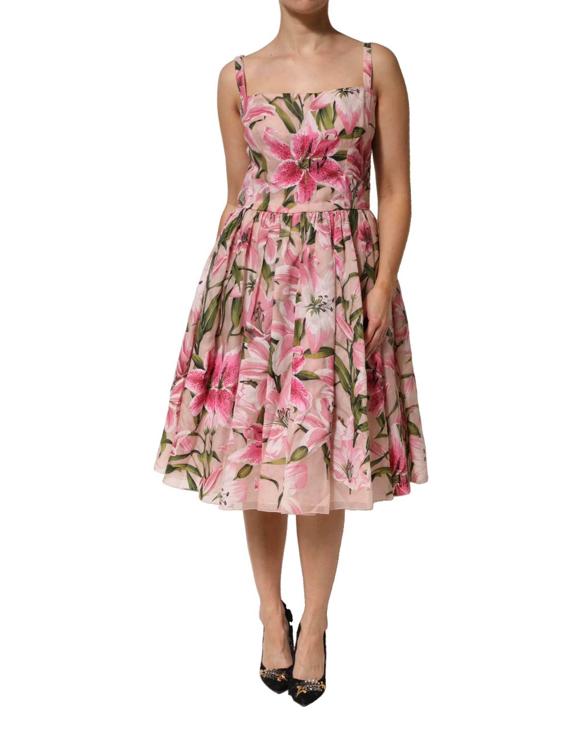 Pink Floral Lily Print Midi Sleeveless Dress