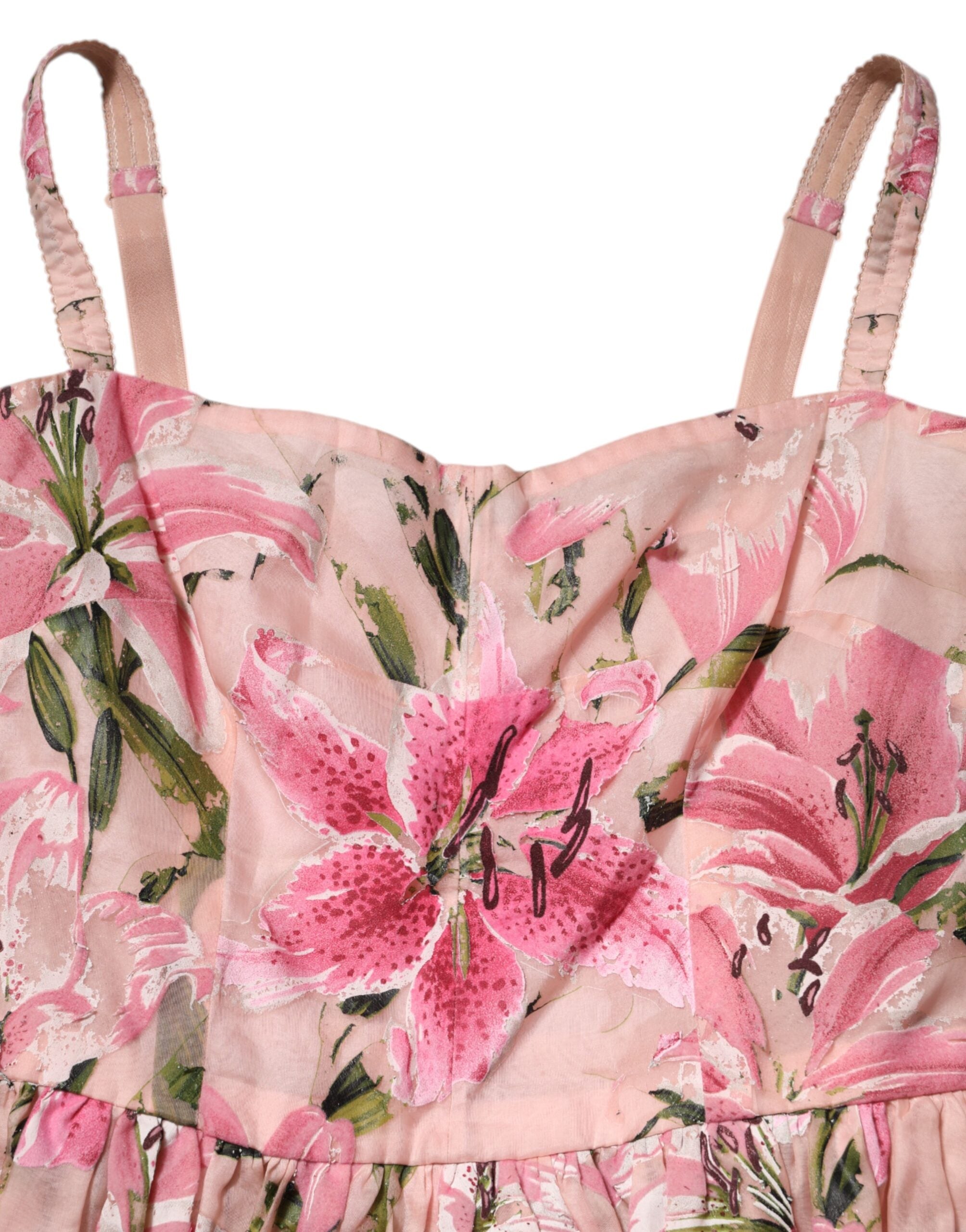 Pink Cotton Floral Pleated Sleeveless Dress