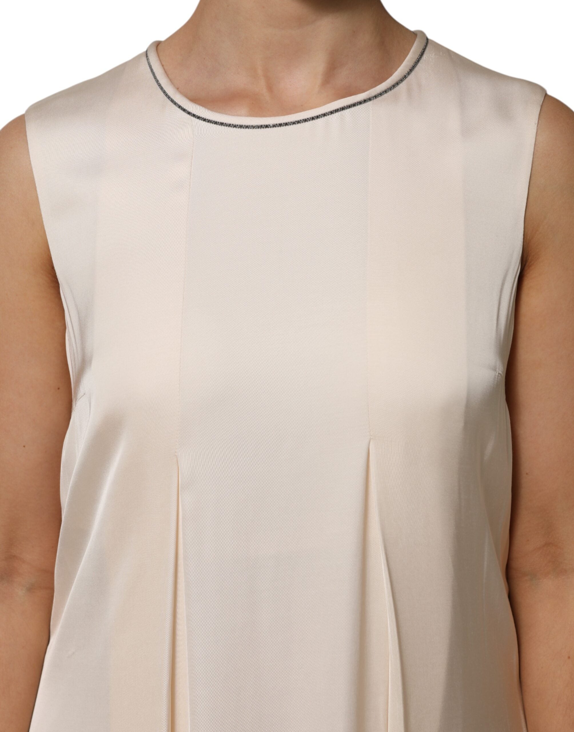 Beige Viscose Pleated Sleeveless Long Maxi Dress