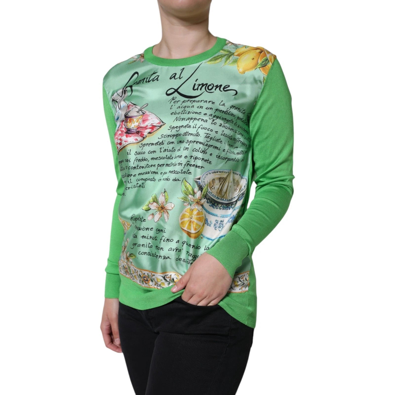 Green Lemon Print Pullover Silk Women Sweater