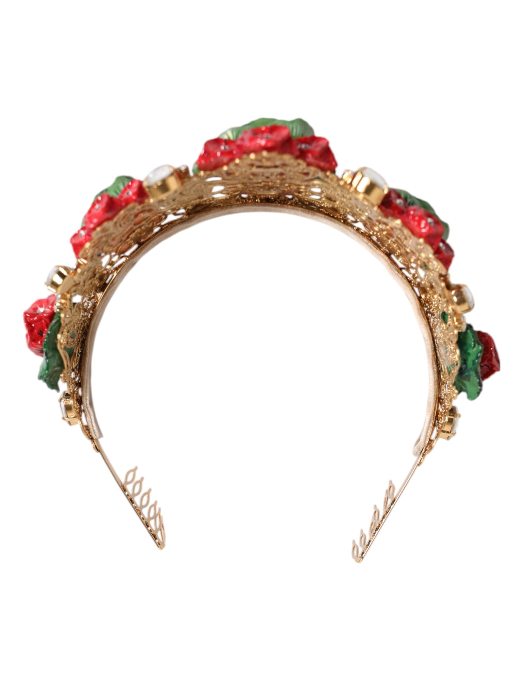 Red Floral Flowerpot Crystal Gold Crown Tiara Headband